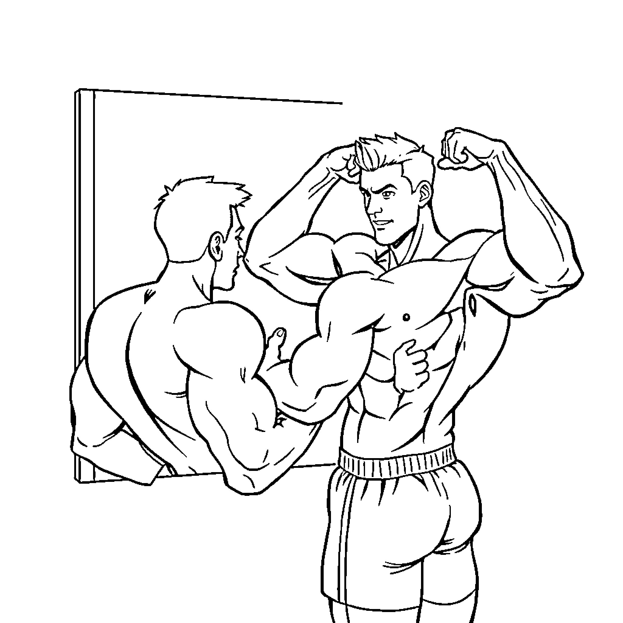 Sport duo demonstrating muscle flexing poses Coloring Page (free black-and-white line drawing printable PDF for all, from beginners to advanced learners, including children, teens, adults, and seniors)