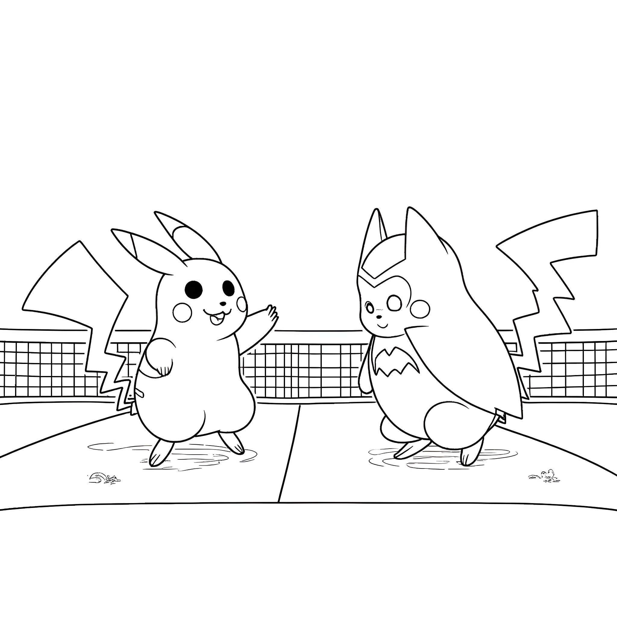 Pikachu playing with Pokémon friend on the court Coloring Page (free black-and-white line drawing printable PDF for all, from beginners to advanced learners, including children, teens, adults, and seniors)