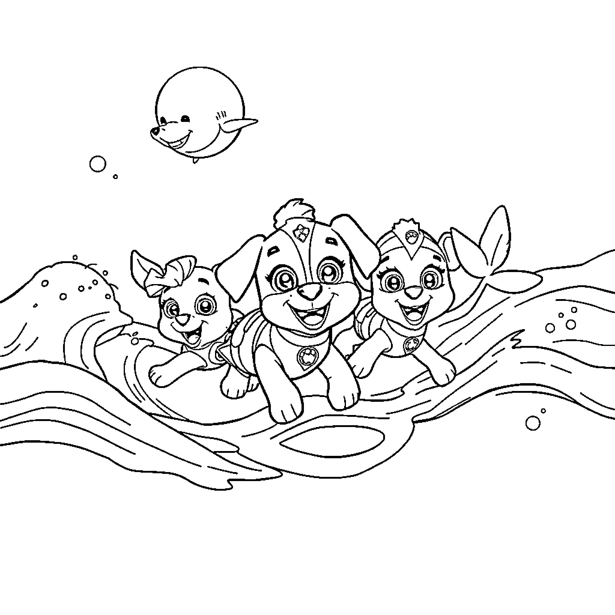 Merpup trio playing in the ocean waves Coloring Page (free black-and-white line drawing printable PDF for all, from beginners to advanced learners, including children, teens, adults, and seniors)