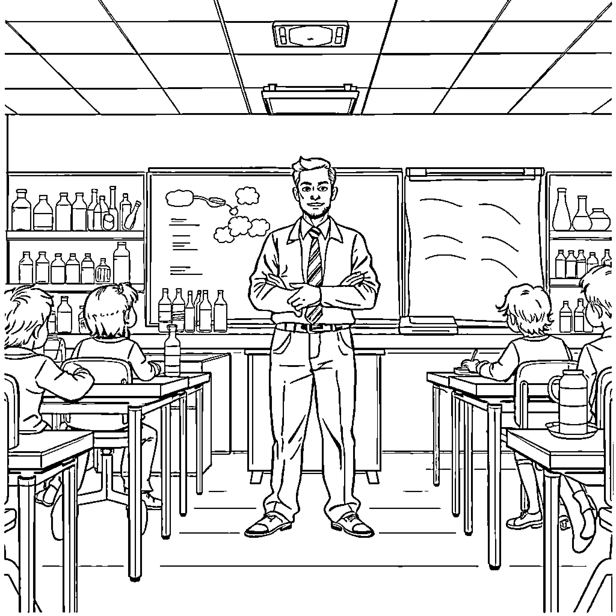 Teacher standing in front of students in classroom Coloring Page (free black-and-white line drawing printable PDF for all, from beginners to advanced learners, including children, teens, adults, and seniors)