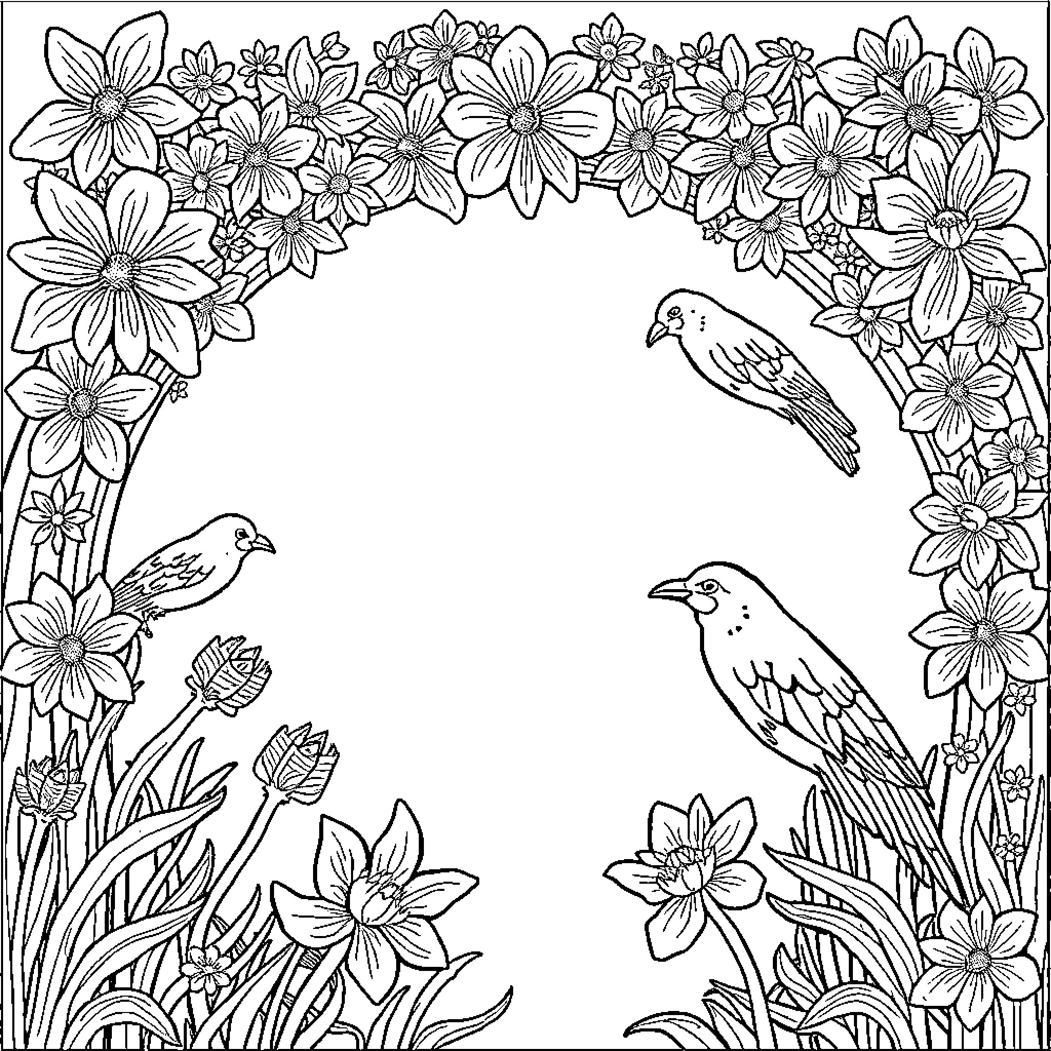 Archangel Messenger Birds Among Flowering Meadow Coloring Page (free black-and-white line drawing printable PDF for all, from beginners to advanced learners, including children, teens, adults, and seniors)