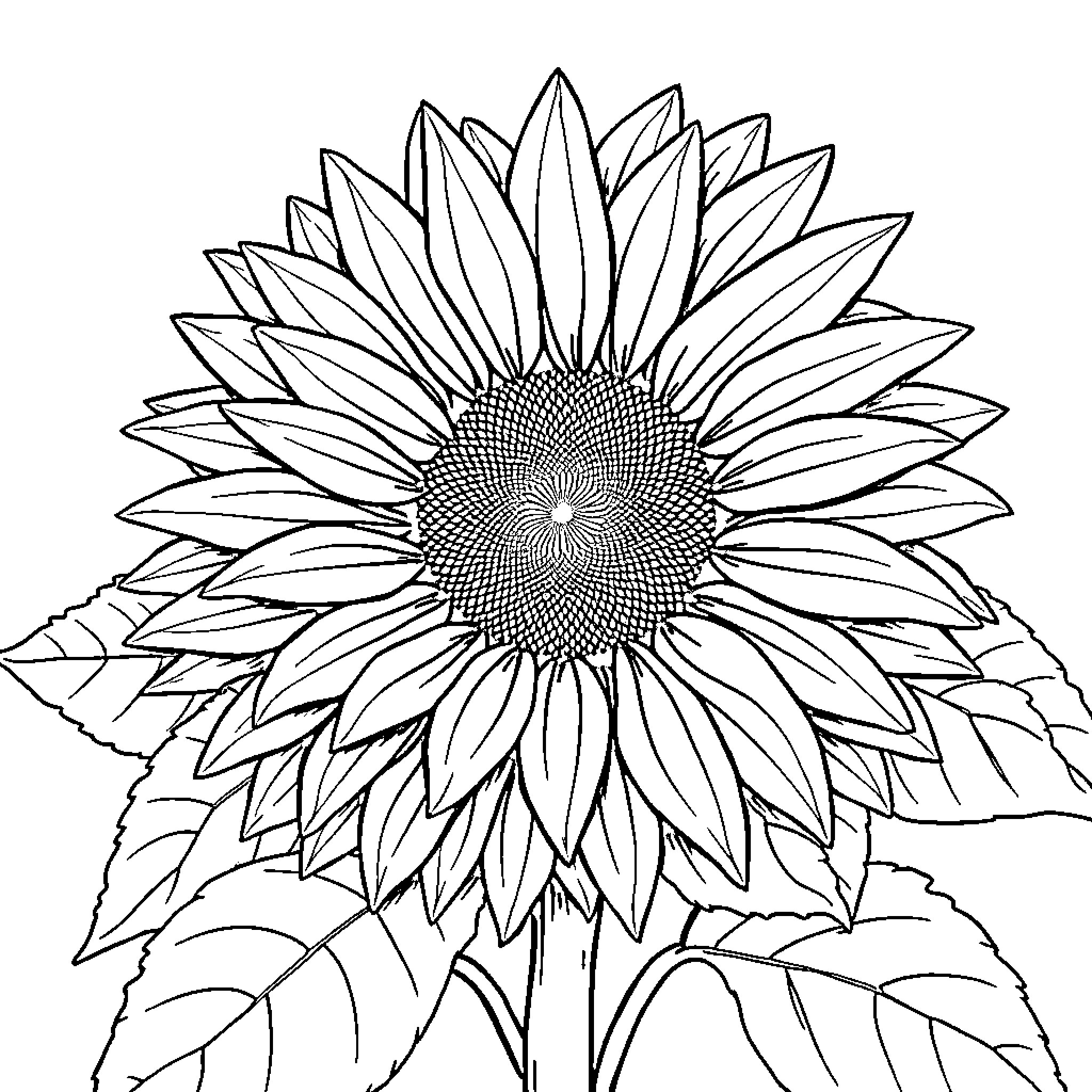 Sunflower in full bloom Coloring Page (free black-and-white line drawing printable PDF for all, from beginners to advanced learners, including children, teens, adults, and seniors)