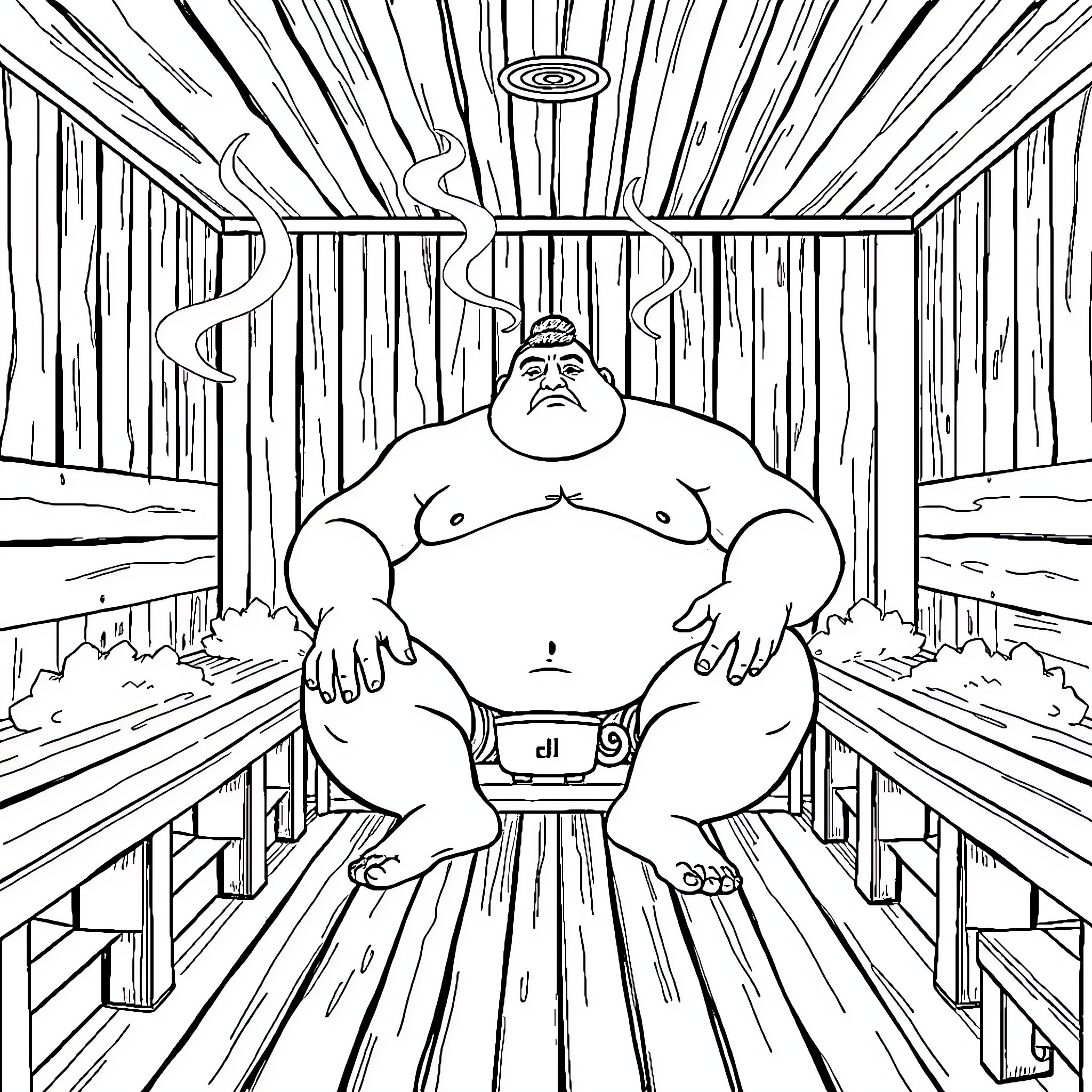 Sumo Wrestler in Contemplative Pose Coloring Page (free black-and-white line drawing printable PDF for all, from beginners to advanced learners, including children, teens, adults, and seniors)