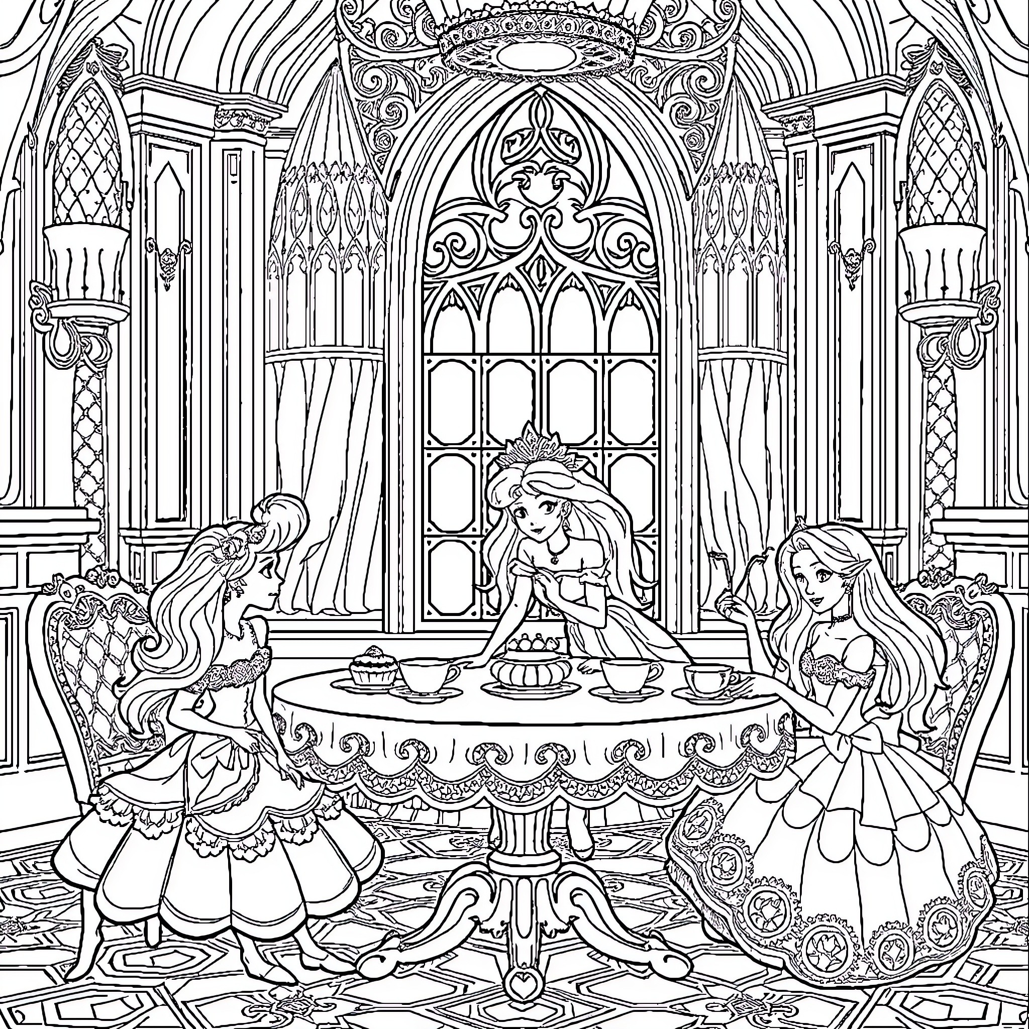 Aurora's Majestic Palace Tea Party Coloring Page (free black-and-white line drawing printable PDF for all, from beginners to advanced learners, including children, teens, adults, and seniors)