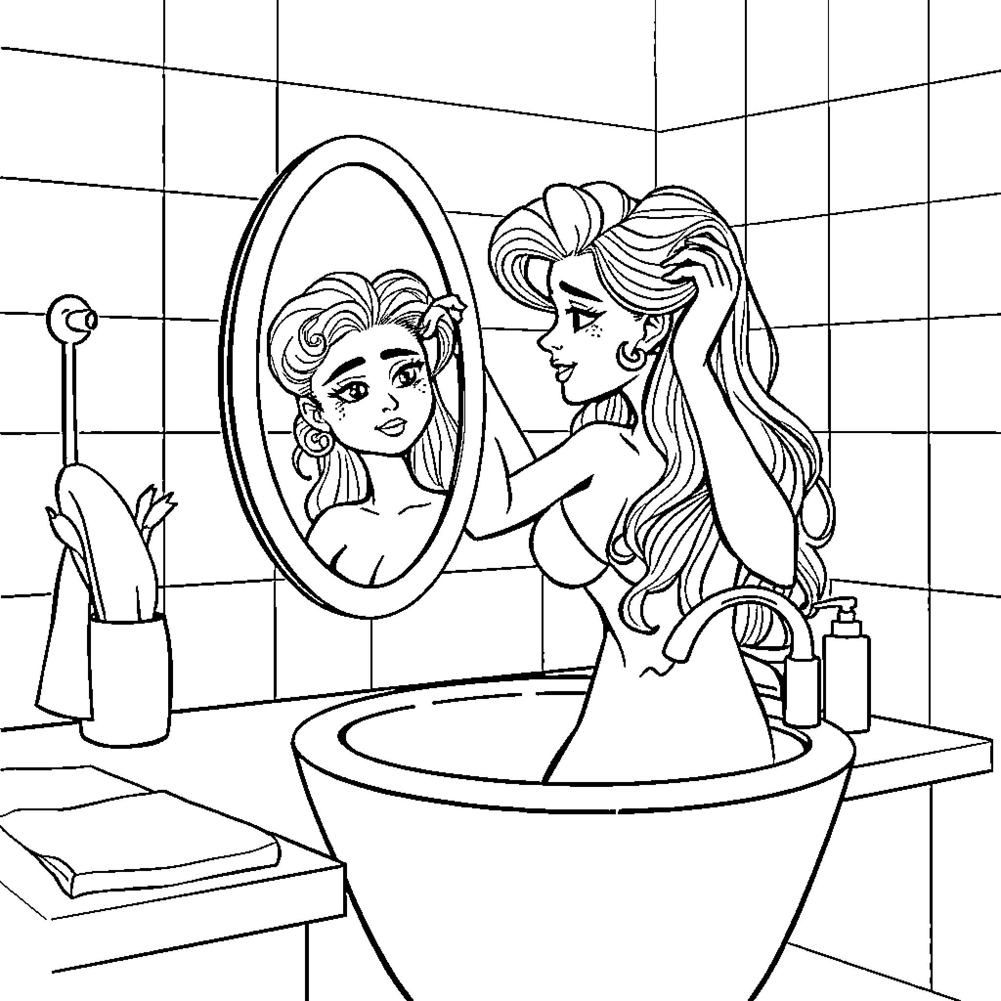 Cinderella Preparing Herself in the Bathroom Coloring Page (free black-and-white line drawing printable PDF for all, from beginners to advanced learners, including children, teens, adults, and seniors)