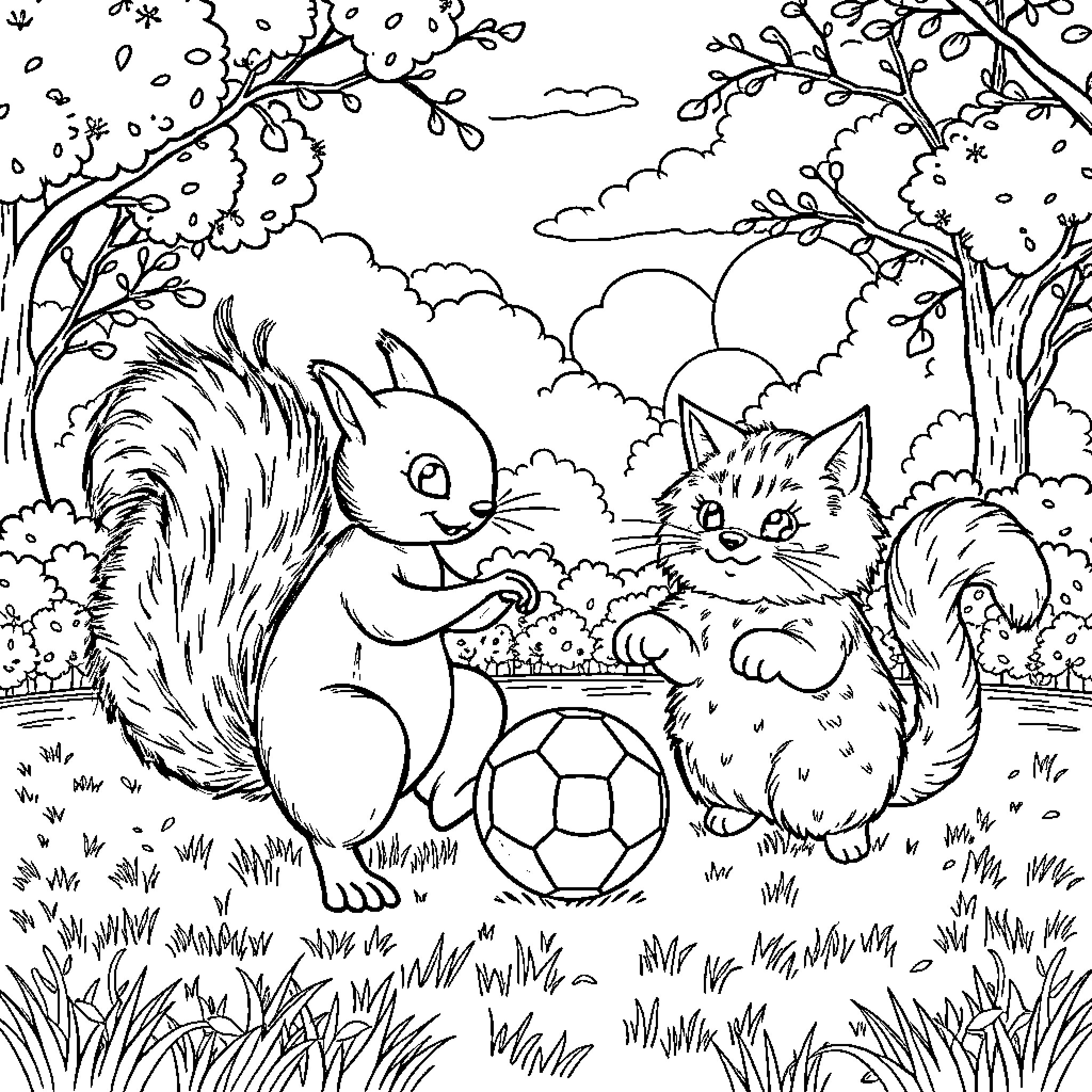 Squirrel playing with cat on grassy field Coloring Page (free black-and-white line drawing printable PDF for all, from beginners to advanced learners, including children, teens, adults, and seniors)