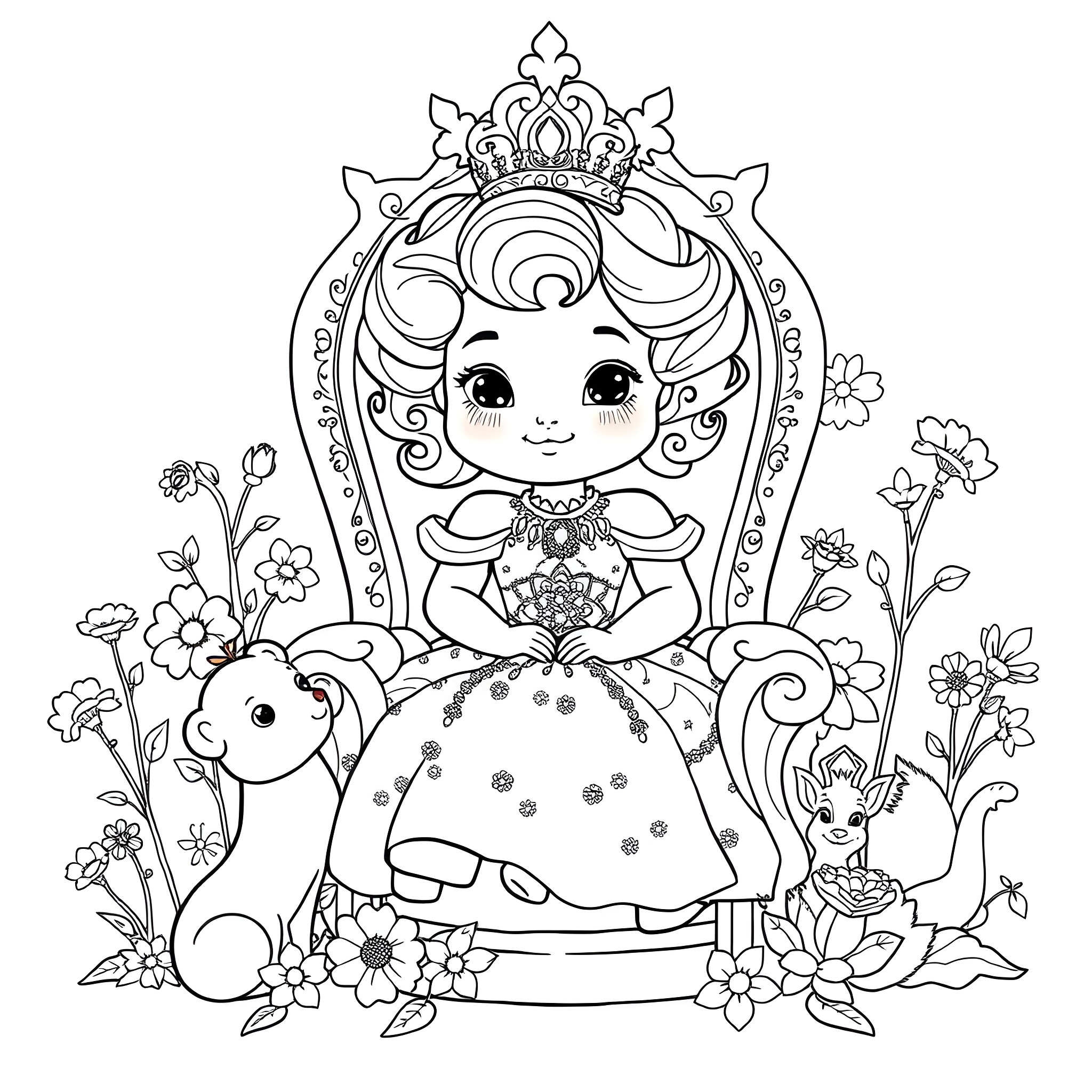 Princess in Elegant Dress with Adorable Animals Coloring Page (free black-and-white line drawing printable PDF for all, from beginners to advanced learners, including children, teens, adults, and seniors)