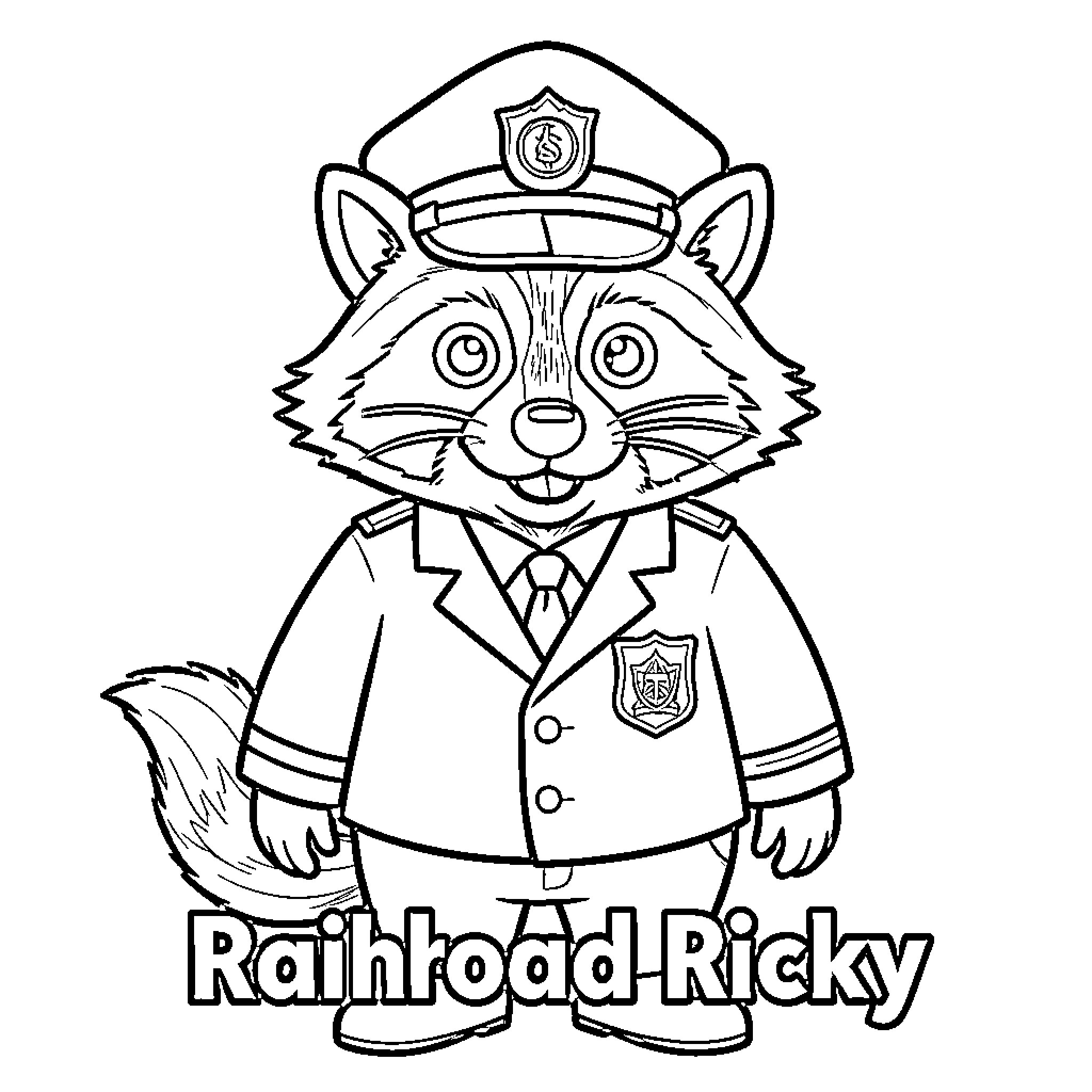 Raccoon wearing a railroad conductor uniform and hat Coloring Page (free black-and-white line drawing printable PDF for all, from beginners to advanced learners, including children, teens, adults, and seniors)