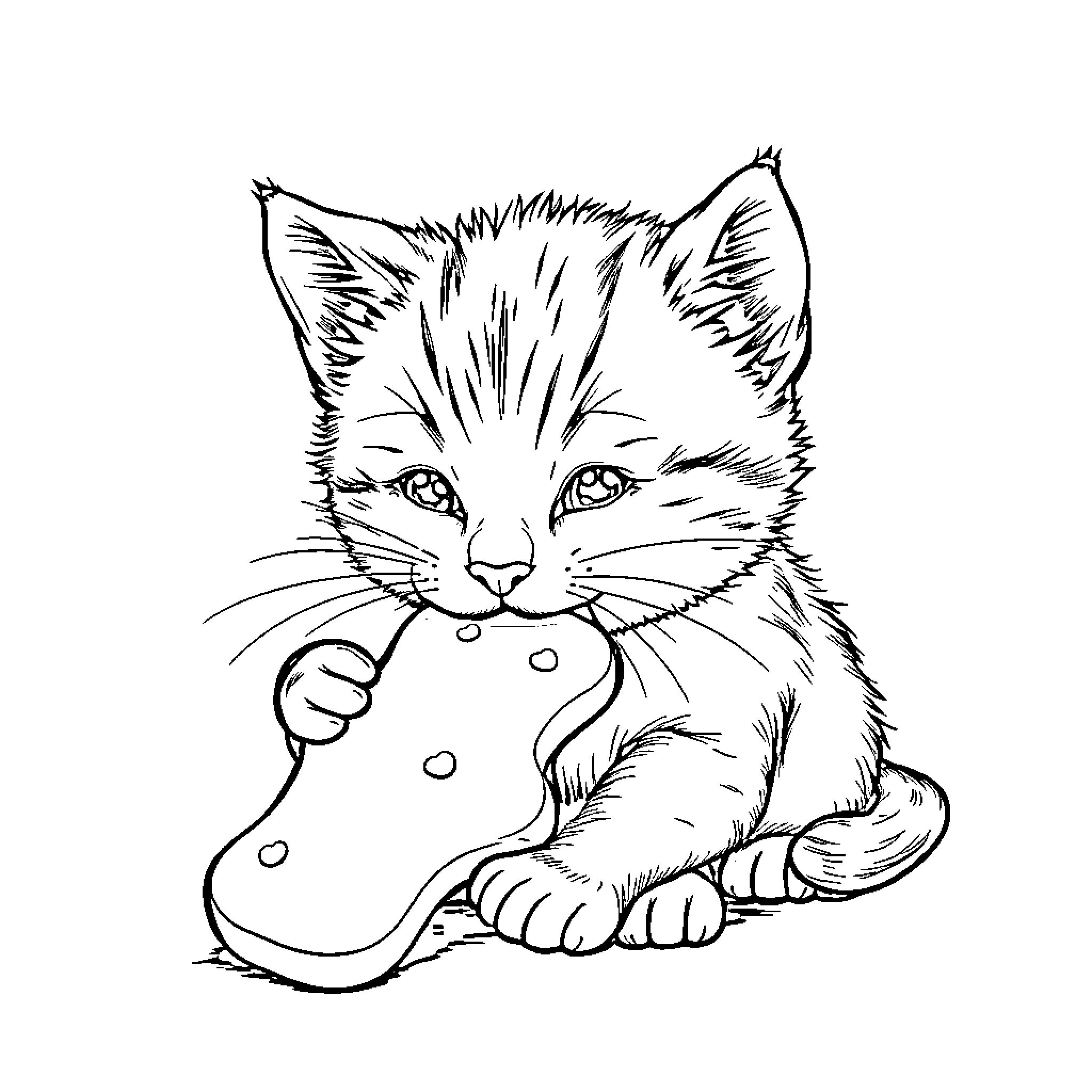 Cat chewing on a toy shoe Coloring Page (free black-and-white line drawing printable PDF for all, from beginners to advanced learners, including children, teens, adults, and seniors)