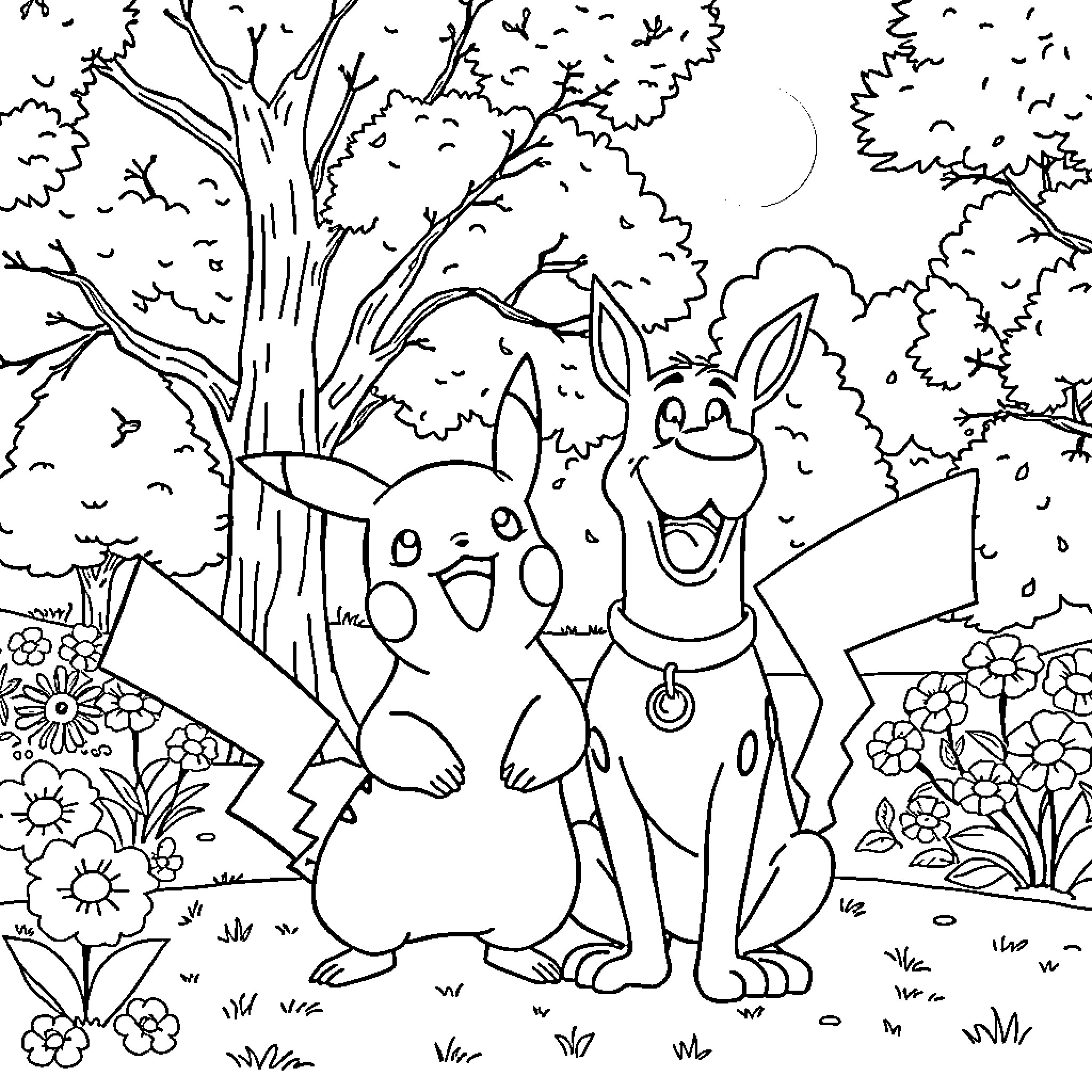 Pikachu and Eevee playing in a colorful forest Coloring Page (free black-and-white line drawing printable PDF for all, from beginners to advanced learners, including children, teens, adults, and seniors)