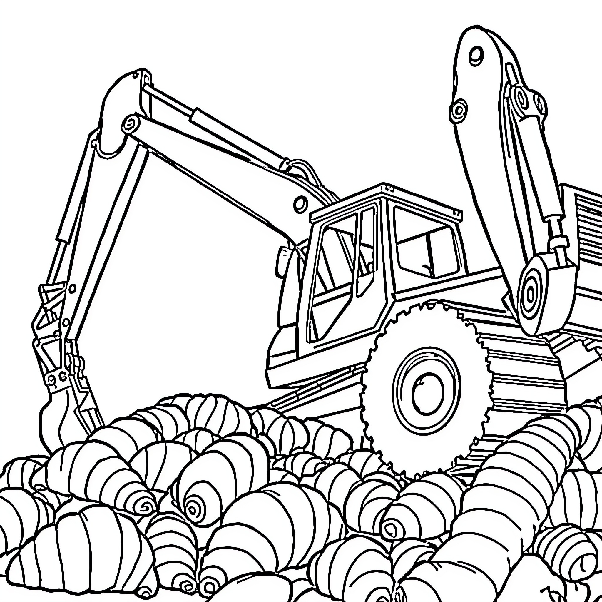Excavator working on a construction site Coloring Page (free black-and-white line drawing printable PDF for all, from beginners to advanced learners, including children, teens, adults, and seniors)