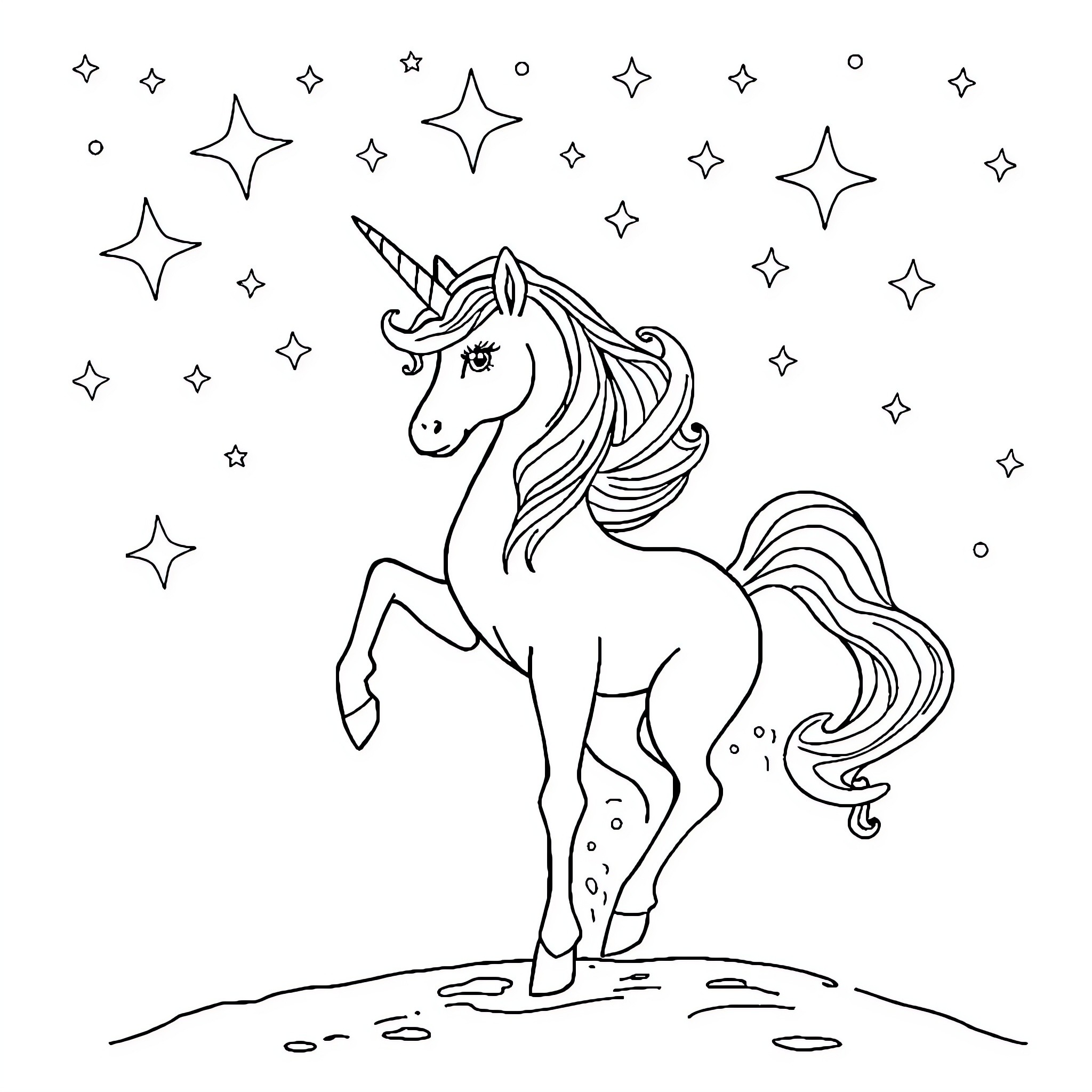 Unicorn galloping through a starry night Coloring Page (free black-and-white line drawing printable PDF for all, from beginners to advanced learners, including children, teens, adults, and seniors)