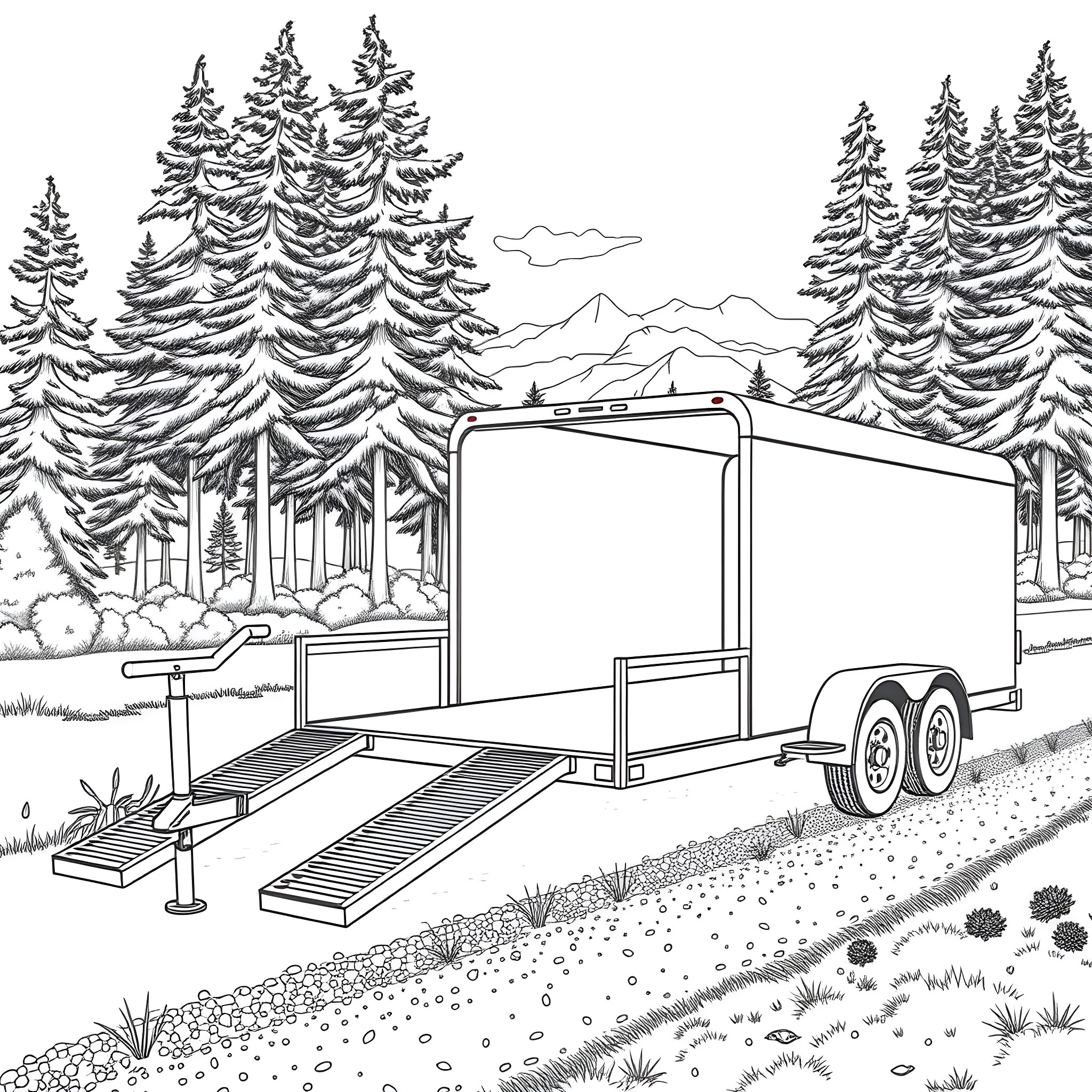 Car Trailer in a Snowy Forest Landscape Coloring Page (free black-and-white line drawing printable PDF for all, from beginners to advanced learners, including children, teens, adults, and seniors)