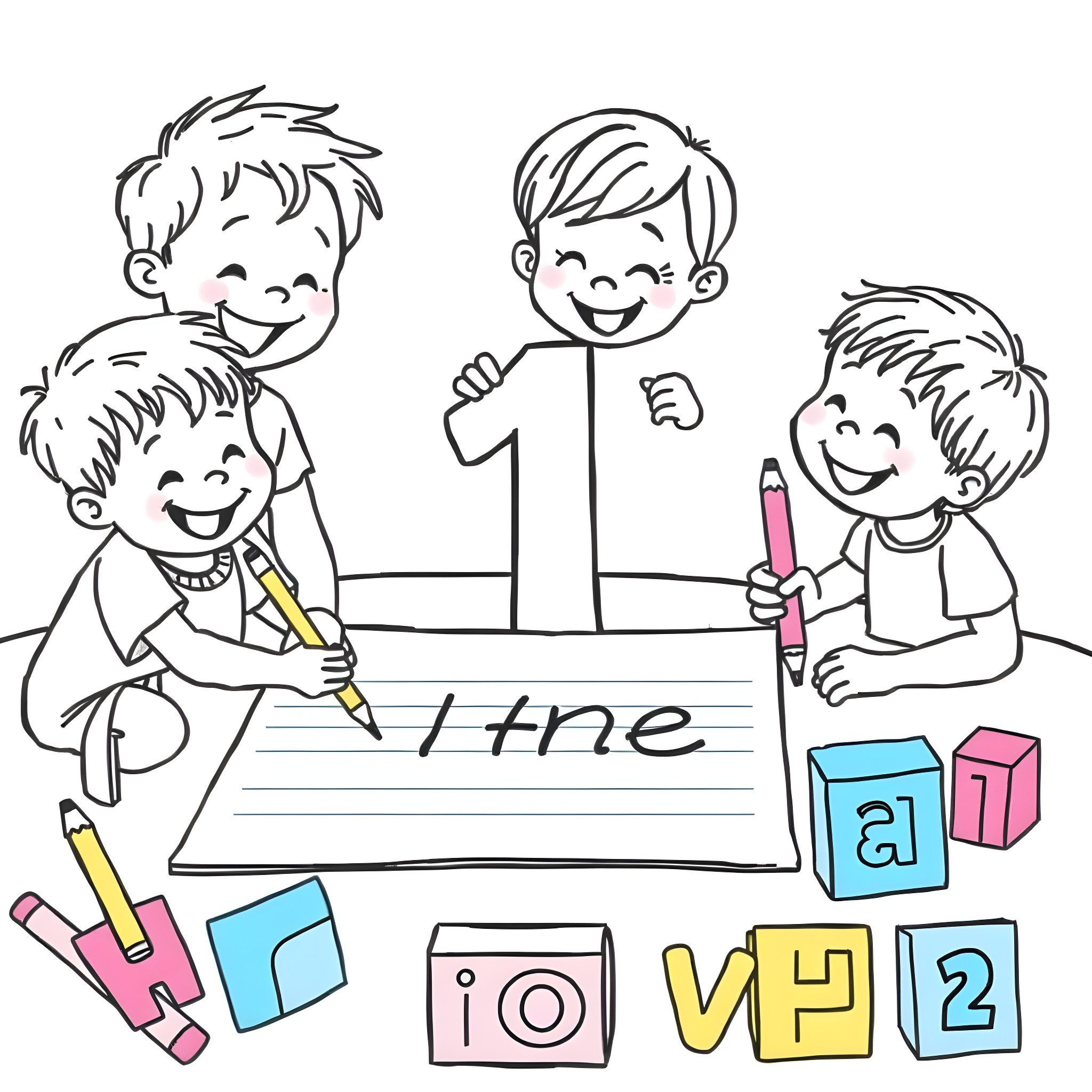 Number Three Boys Writing and Holding Pencils Coloring Page (free black-and-white line drawing printable PDF for all, from beginners to advanced learners, including children, teens, adults, and seniors)
