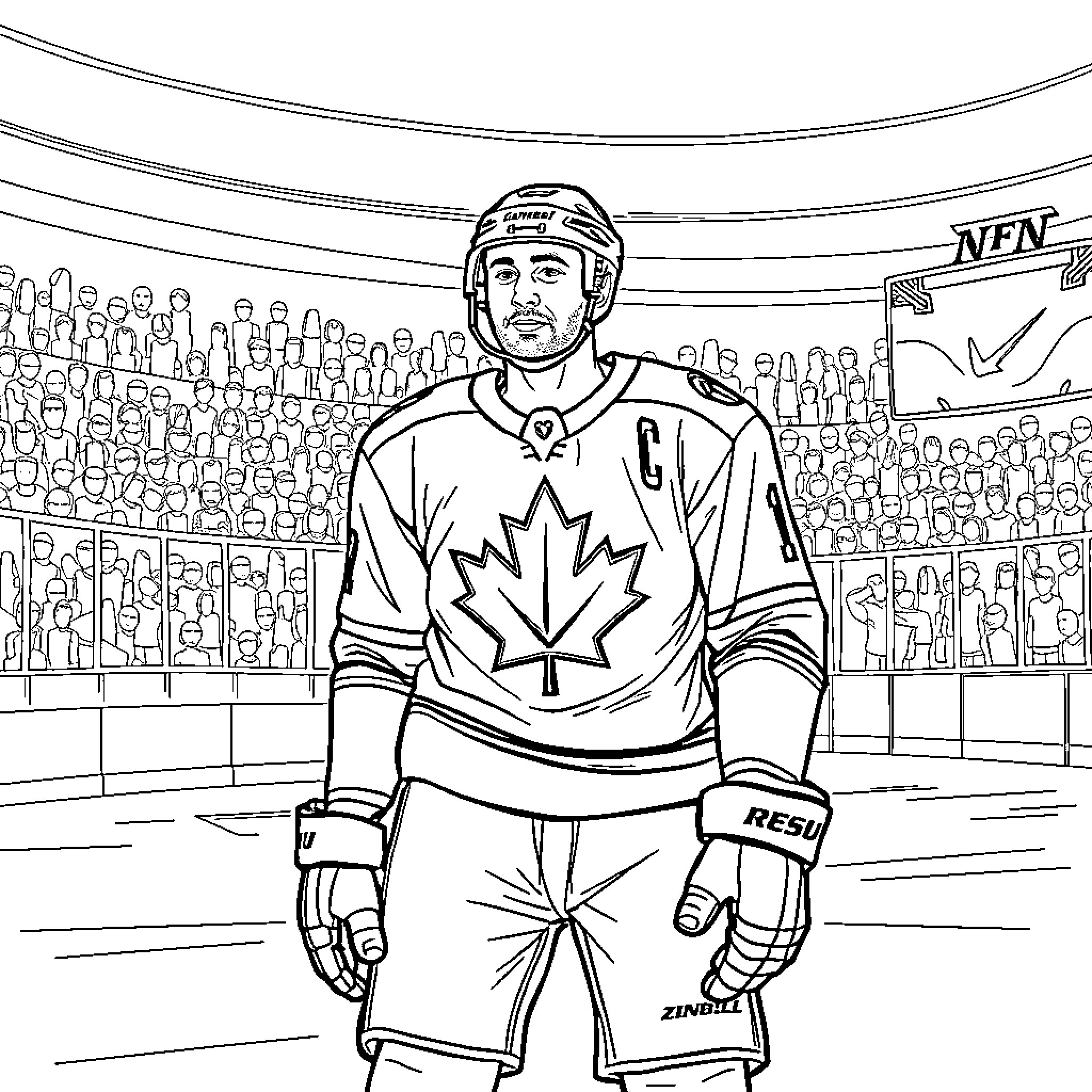 Samuel Montembeault in hockey uniform on ice rink Coloring Page (free black-and-white line drawing printable PDF for all, from beginners to advanced learners, including children, teens, adults, and seniors)