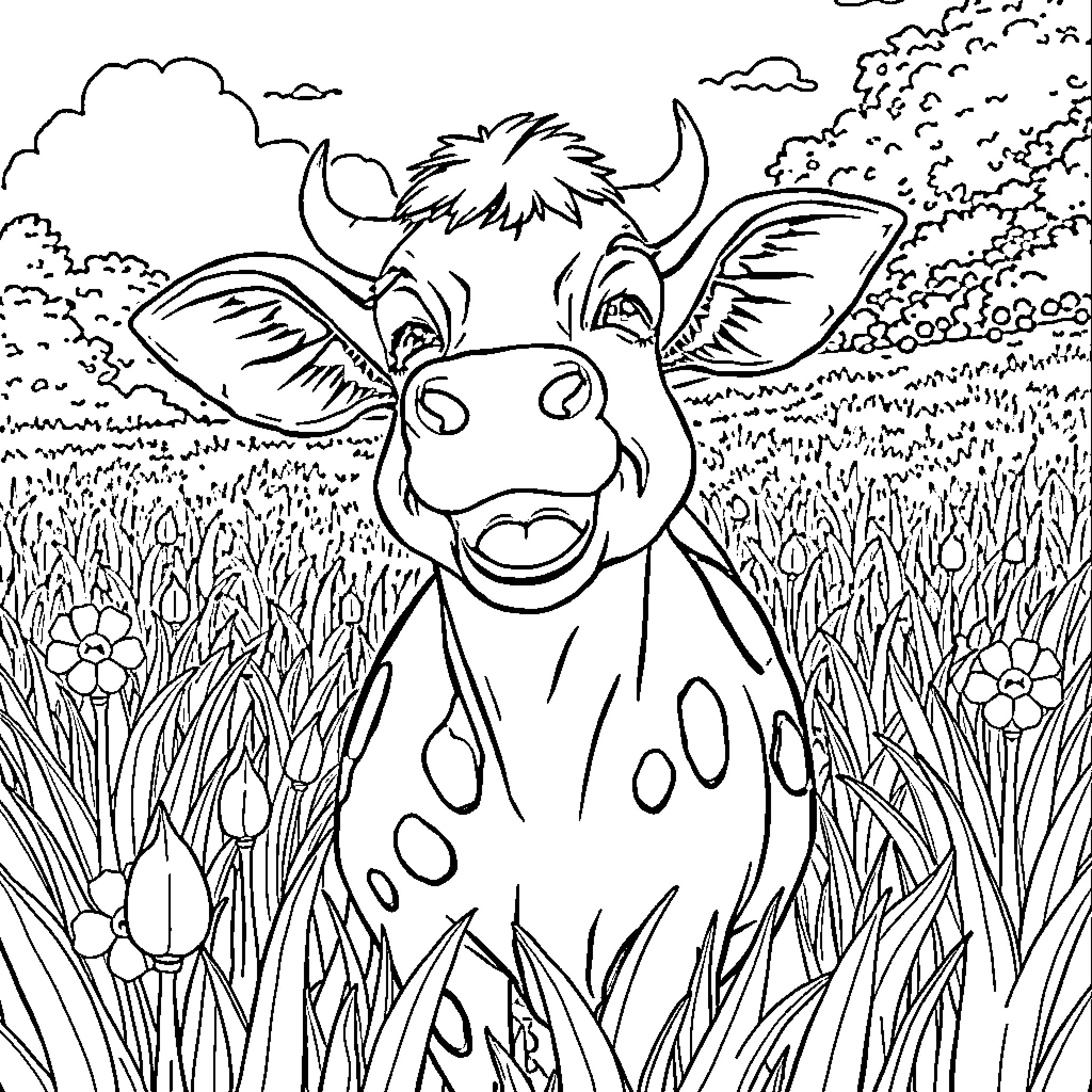 Cow in a grassy field with flowers Coloring Page (free black-and-white line drawing printable PDF for all, from beginners to advanced learners, including children, teens, adults, and seniors)