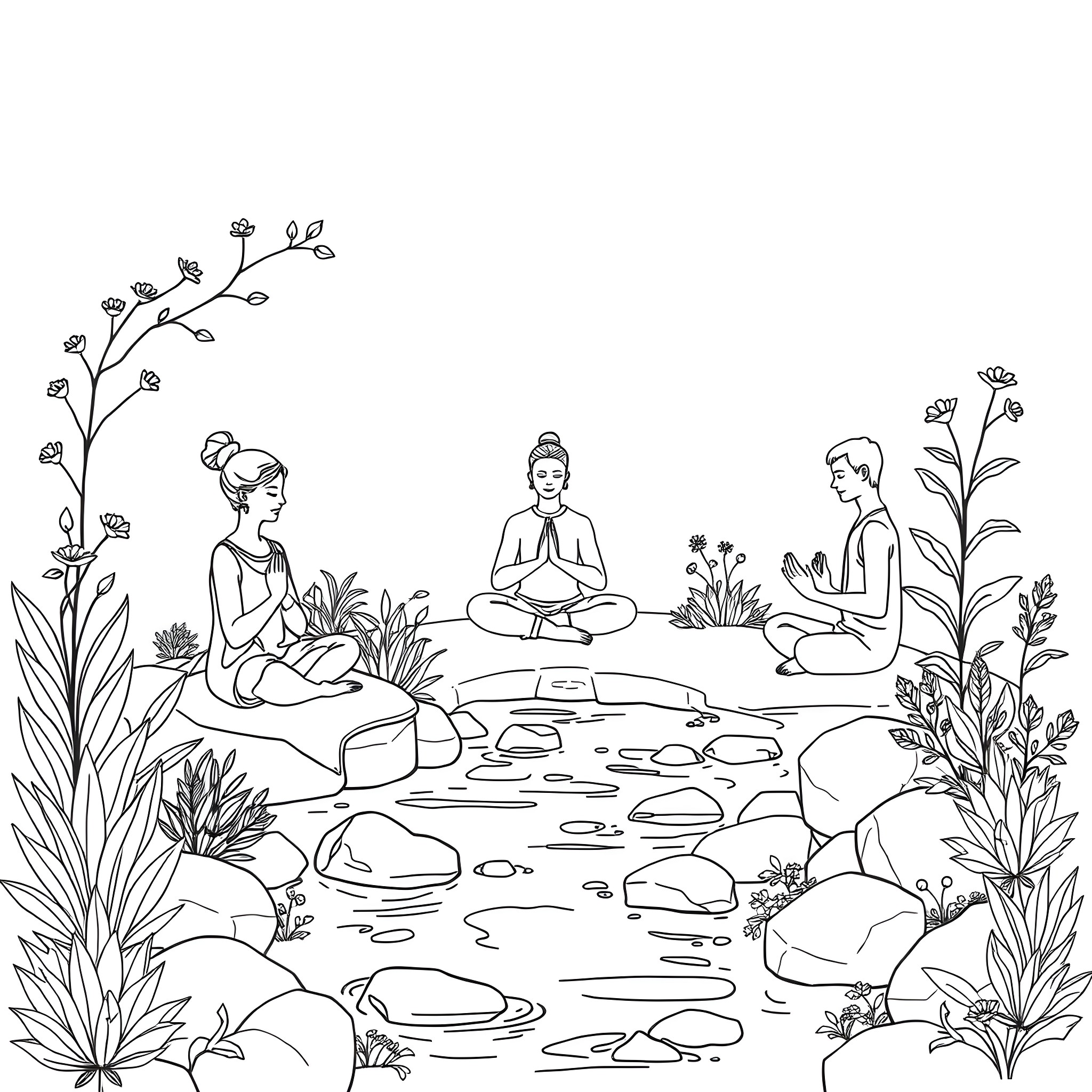 Mental Health: Serene Nature Meditation Scene Coloring Page (free black-and-white line drawing printable PDF for all, from beginners to advanced learners, including children, teens, adults, and seniors)