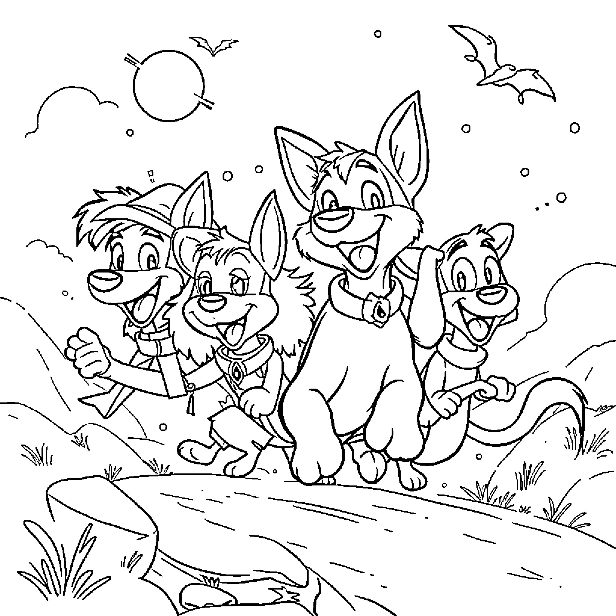 Paw Patrol Puppies Exploring the Outdoors Coloring Page (free black-and-white line drawing printable PDF for all, from beginners to advanced learners, including children, teens, adults, and seniors)