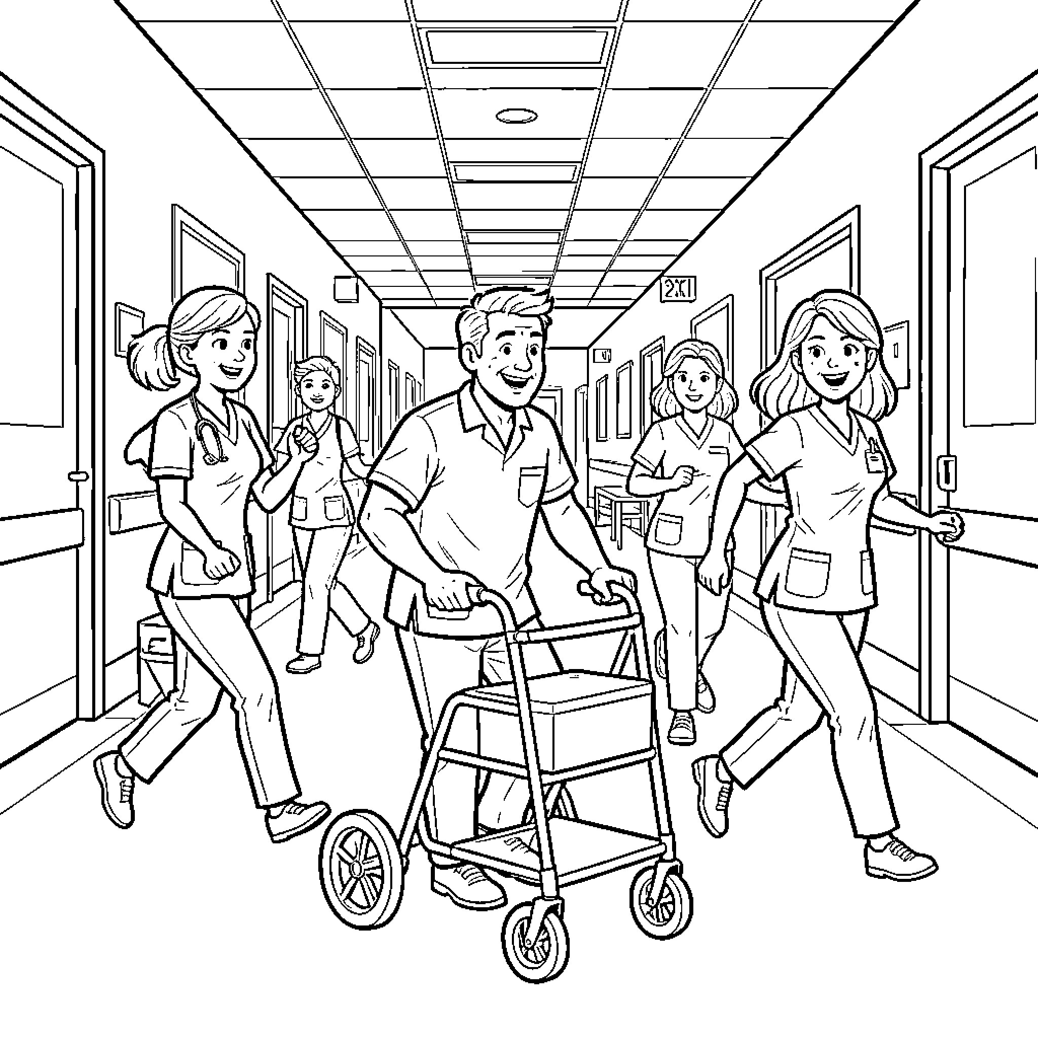 Man Navigating Hospital Hallway with Nurses Coloring Page (free black-and-white line drawing printable PDF for all, from beginners to advanced learners, including children, teens, adults, and seniors)