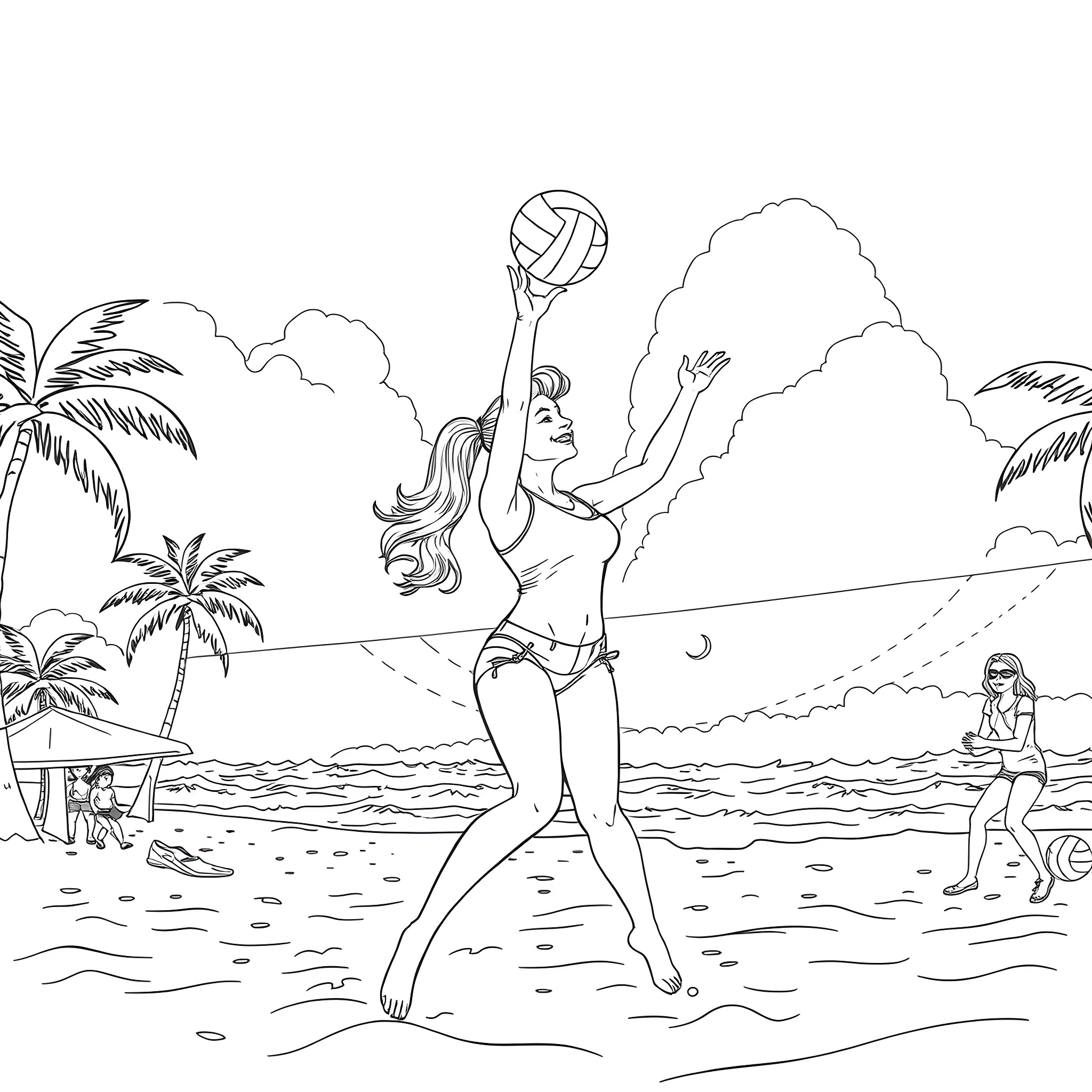 Miley Cyrus playing beach volleyball in tropical paradise Coloring Page (free black-and-white line drawing printable PDF for all, from beginners to advanced learners, including children, teens, adults, and seniors)