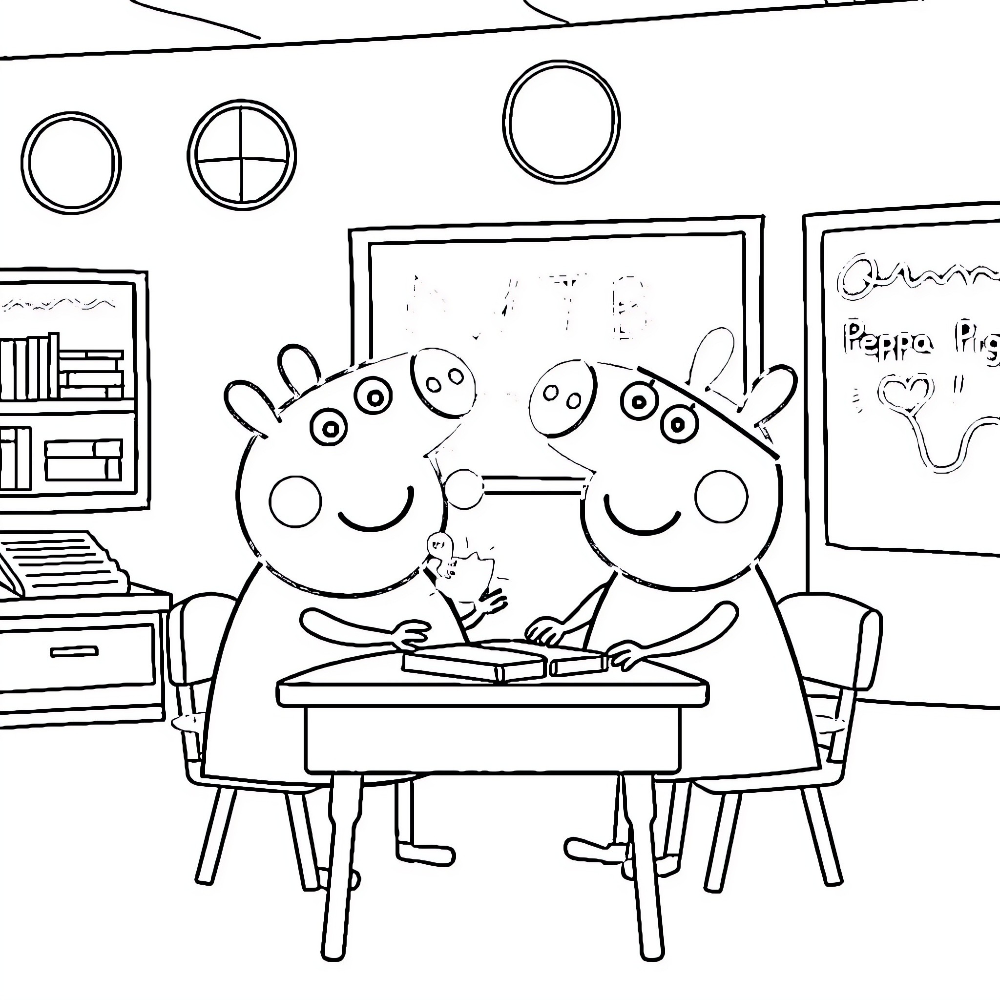 Peppa Pig and friends learning at school Coloring Page (free black-and-white line drawing printable PDF for all, from beginners to advanced learners, including children, teens, adults, and seniors)