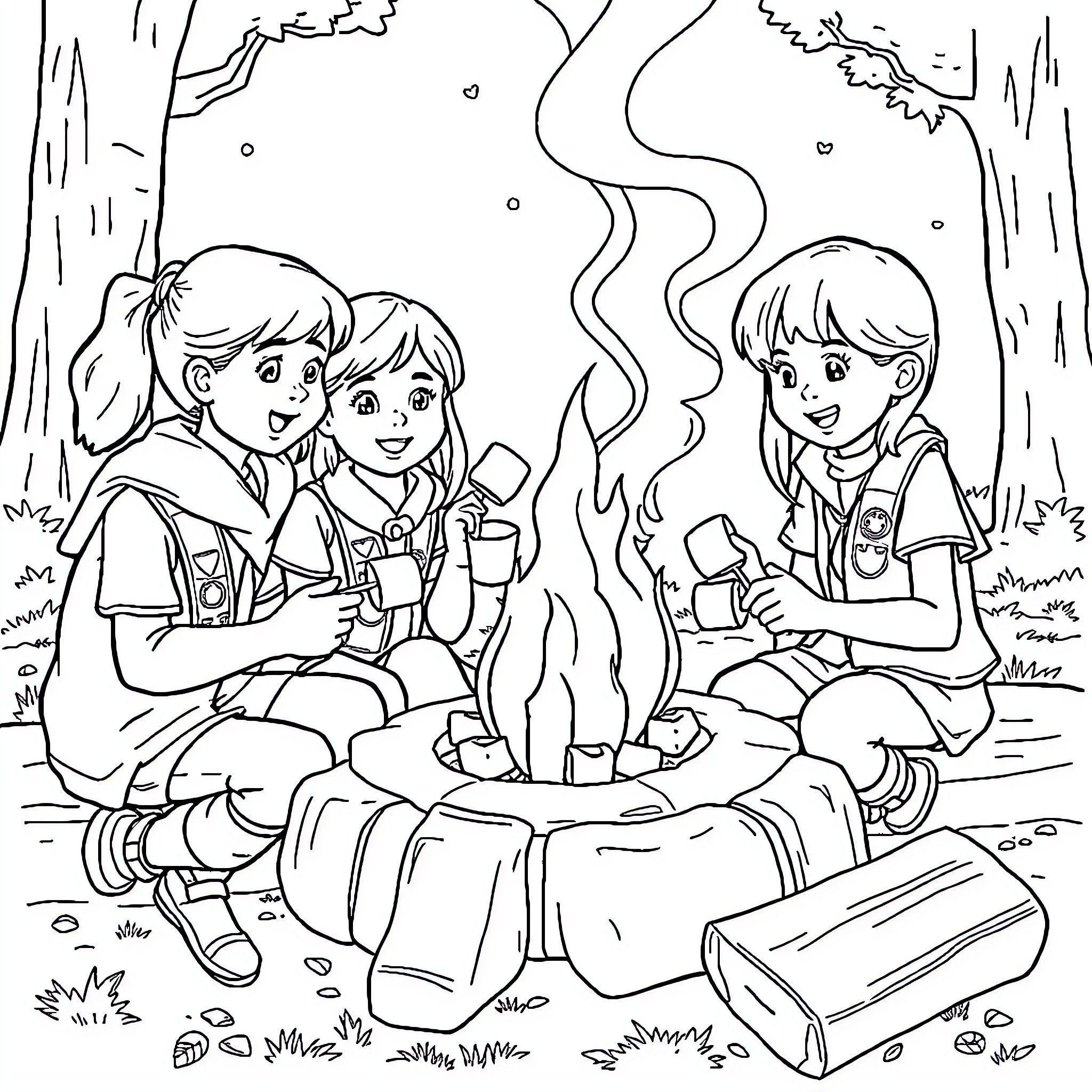 Girl Scouts Enjoying Campfire and Marshmallows in the Woods Coloring Page (free black-and-white line drawing printable PDF for all, from beginners to advanced learners, including children, teens, adults, and seniors)