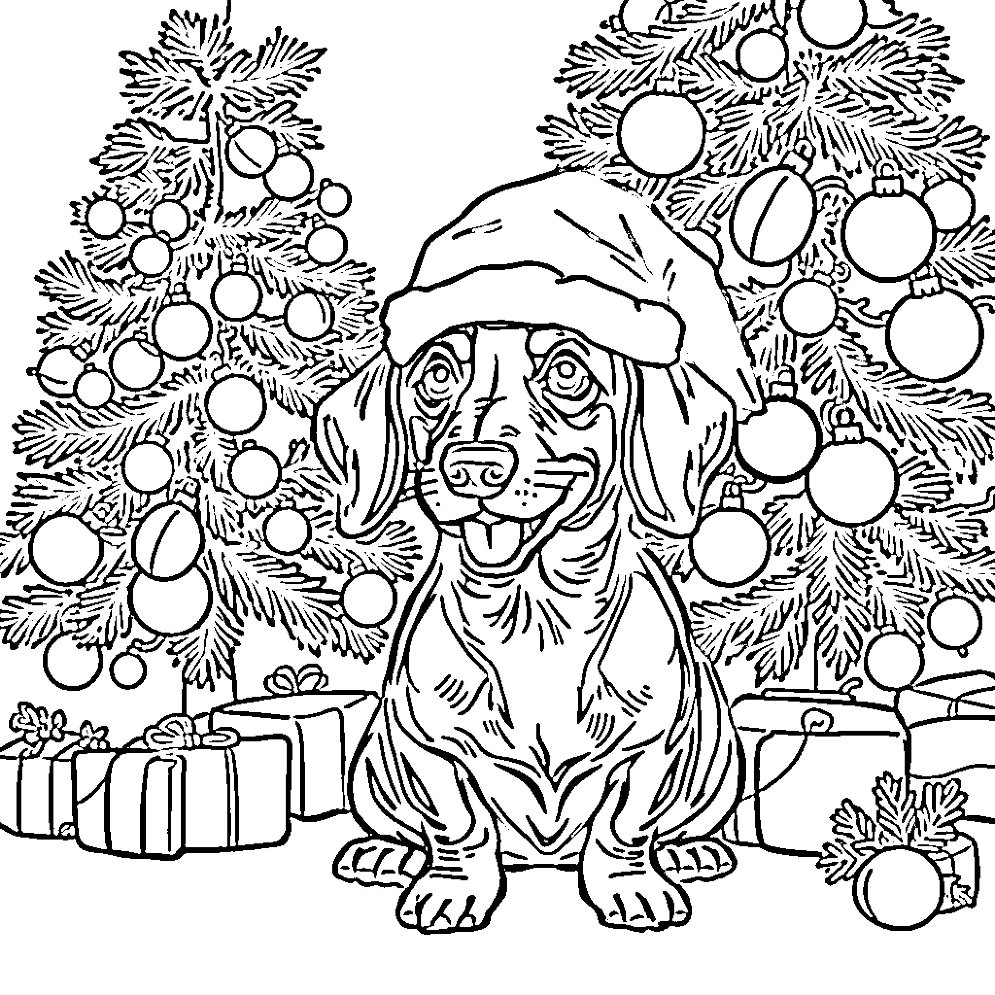 Dachshund enjoying the Christmas festivities Coloring Page (free black-and-white line drawing printable PDF for all, from beginners to advanced learners, including children, teens, adults, and seniors)