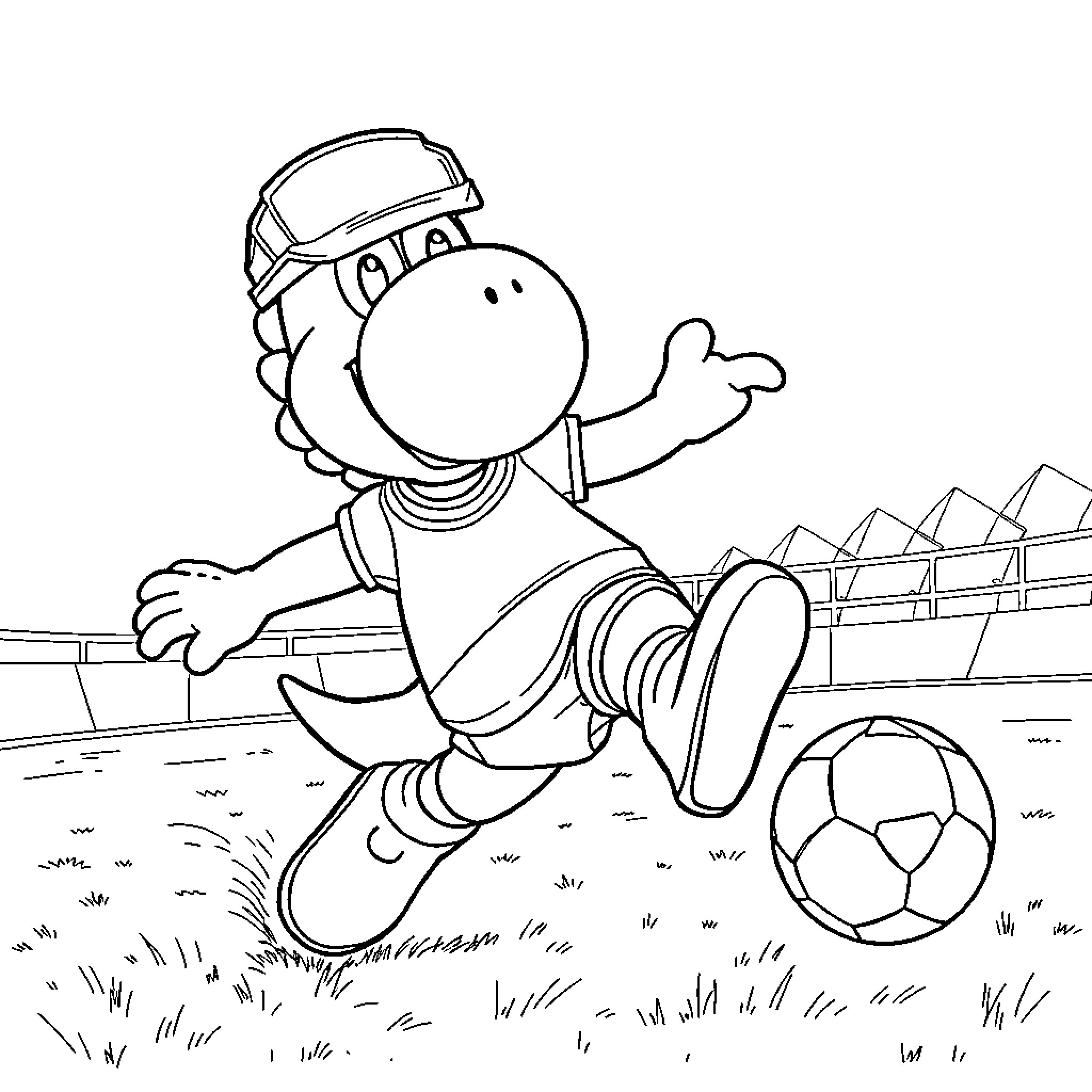 Yoshi playing soccer on the field Coloring Page (free black-and-white line drawing printable PDF for all, from beginners to advanced learners, including children, teens, adults, and seniors)