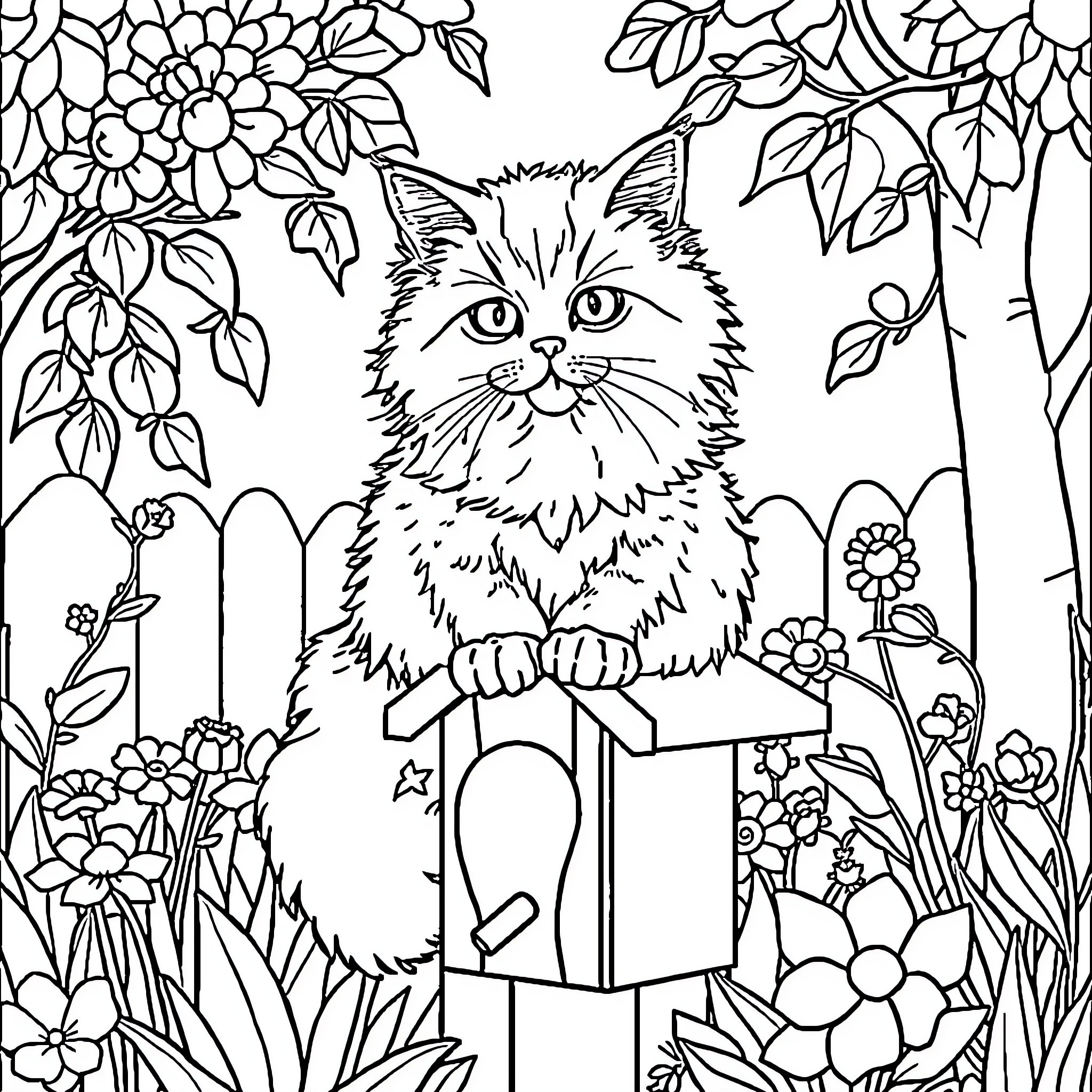 Cat in a Flower Garden Coloring Page (free black-and-white line drawing printable PDF for all, from beginners to advanced learners, including children, teens, adults, and seniors)