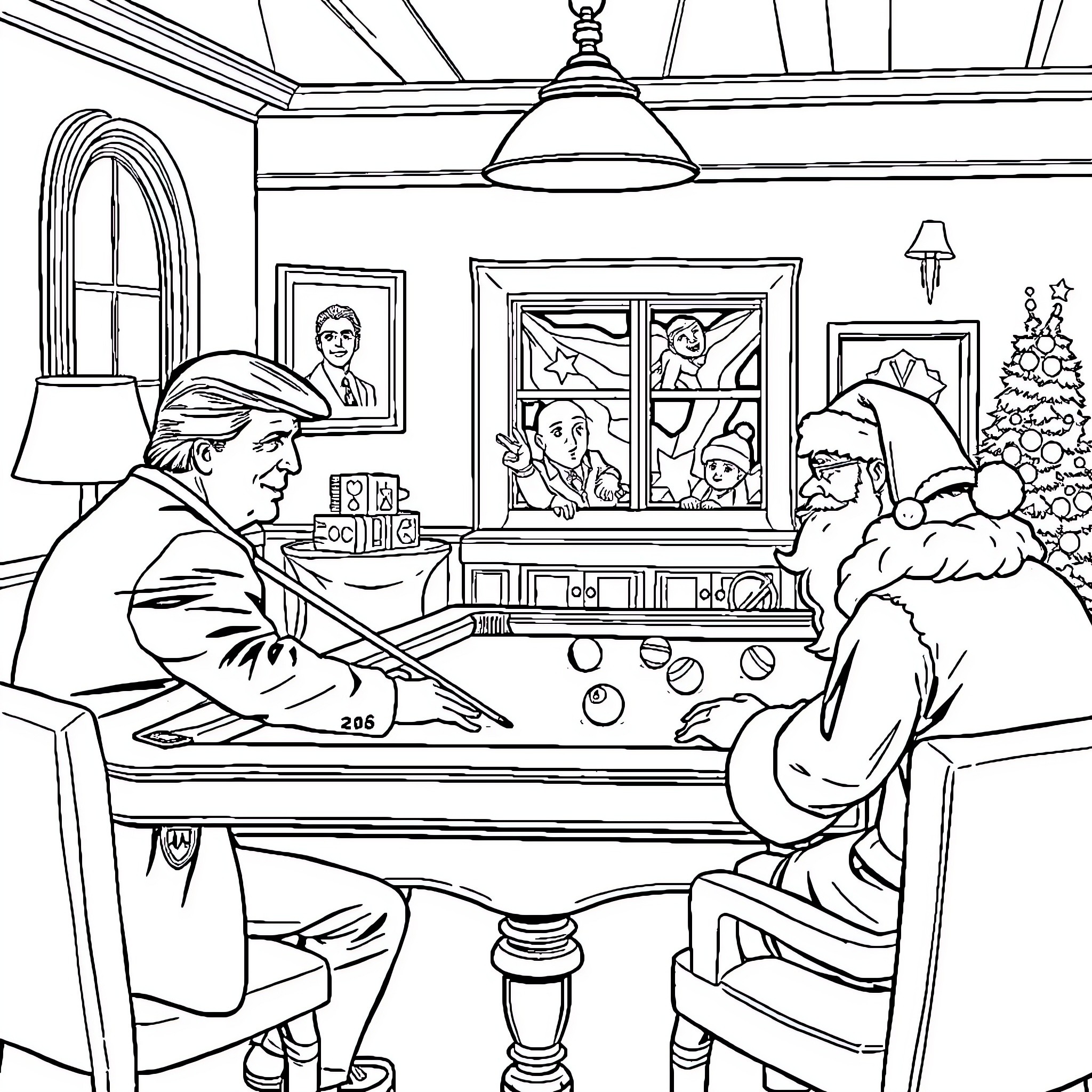Donald Trump Playing Pool with Santa Claus Coloring Page (free black-and-white line drawing printable PDF for all, from beginners to advanced learners, including children, teens, adults, and seniors)