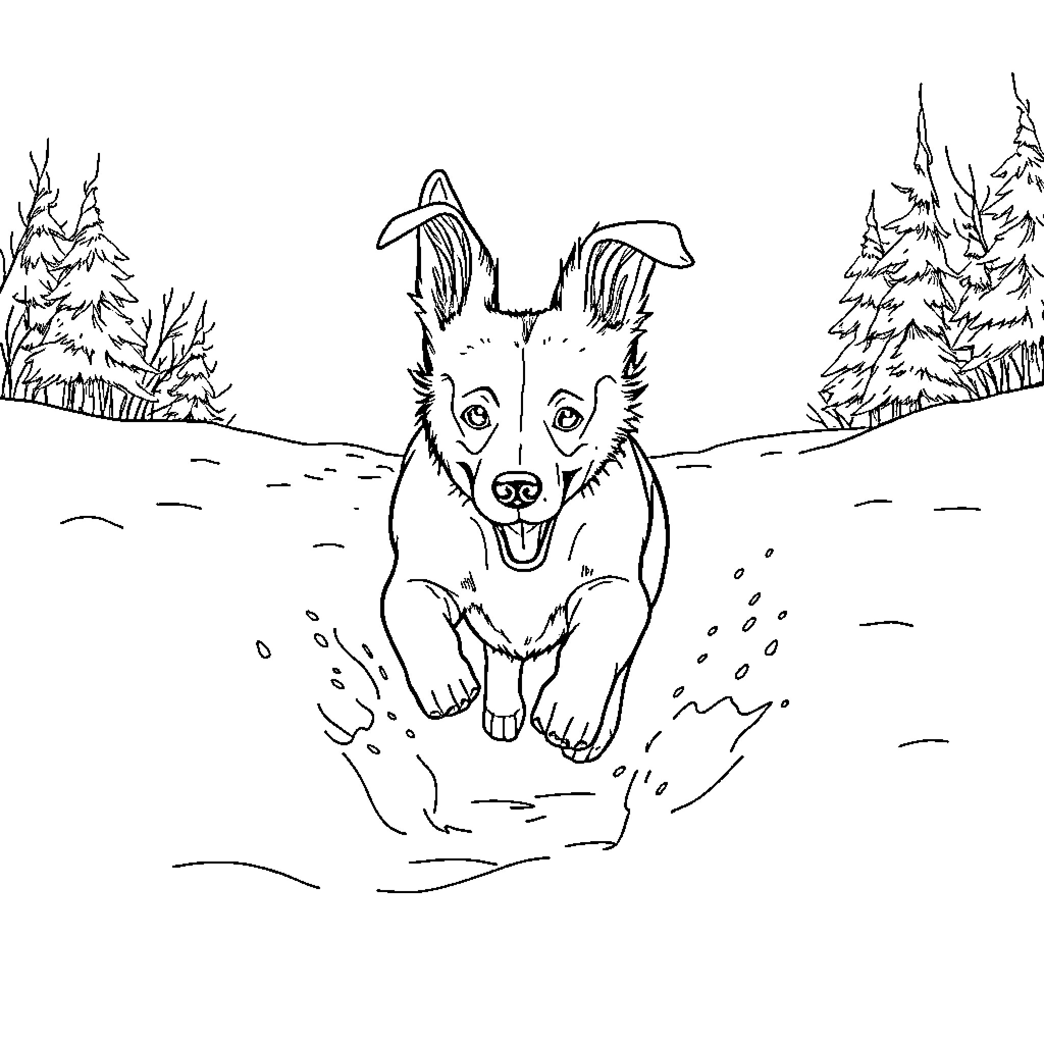 Dog running happily through the snowy forest Coloring Page (free black-and-white line drawing printable PDF for all, from beginners to advanced learners, including children, teens, adults, and seniors)