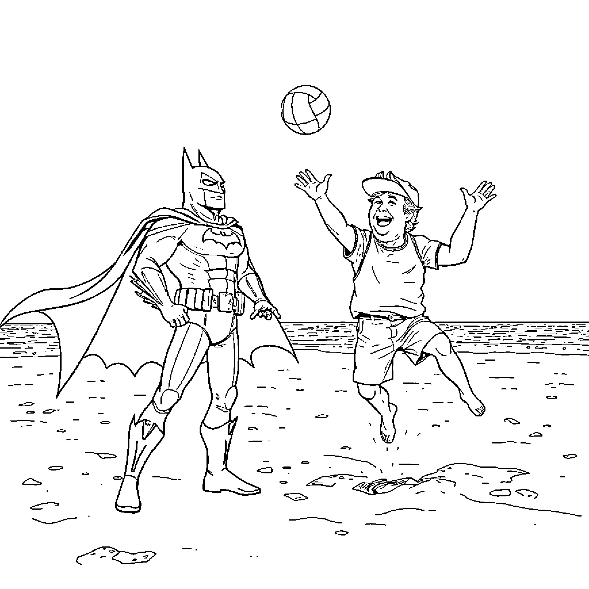Donald Trump and Child Playing Volleyball on Beach Coloring Page (free black-and-white line drawing printable PDF for all, from beginners to advanced learners, including children, teens, adults, and seniors)
