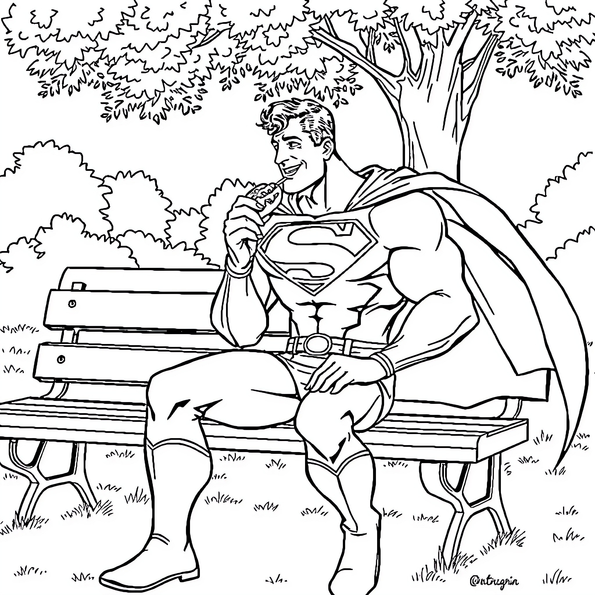 Superman resting on a park bench Coloring Page (free black-and-white line drawing printable PDF for all, from beginners to advanced learners, including children, teens, adults, and seniors)