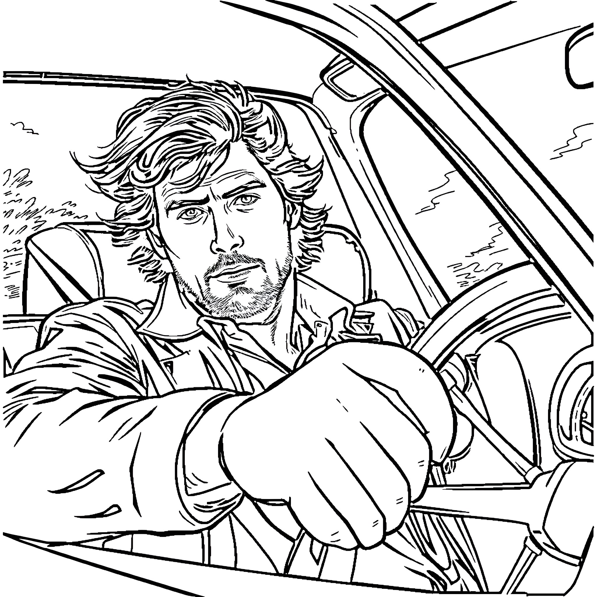 Dean Winchester driving his car in intense expression Coloring Page (free black-and-white line drawing printable PDF for all, from beginners to advanced learners, including children, teens, adults, and seniors)