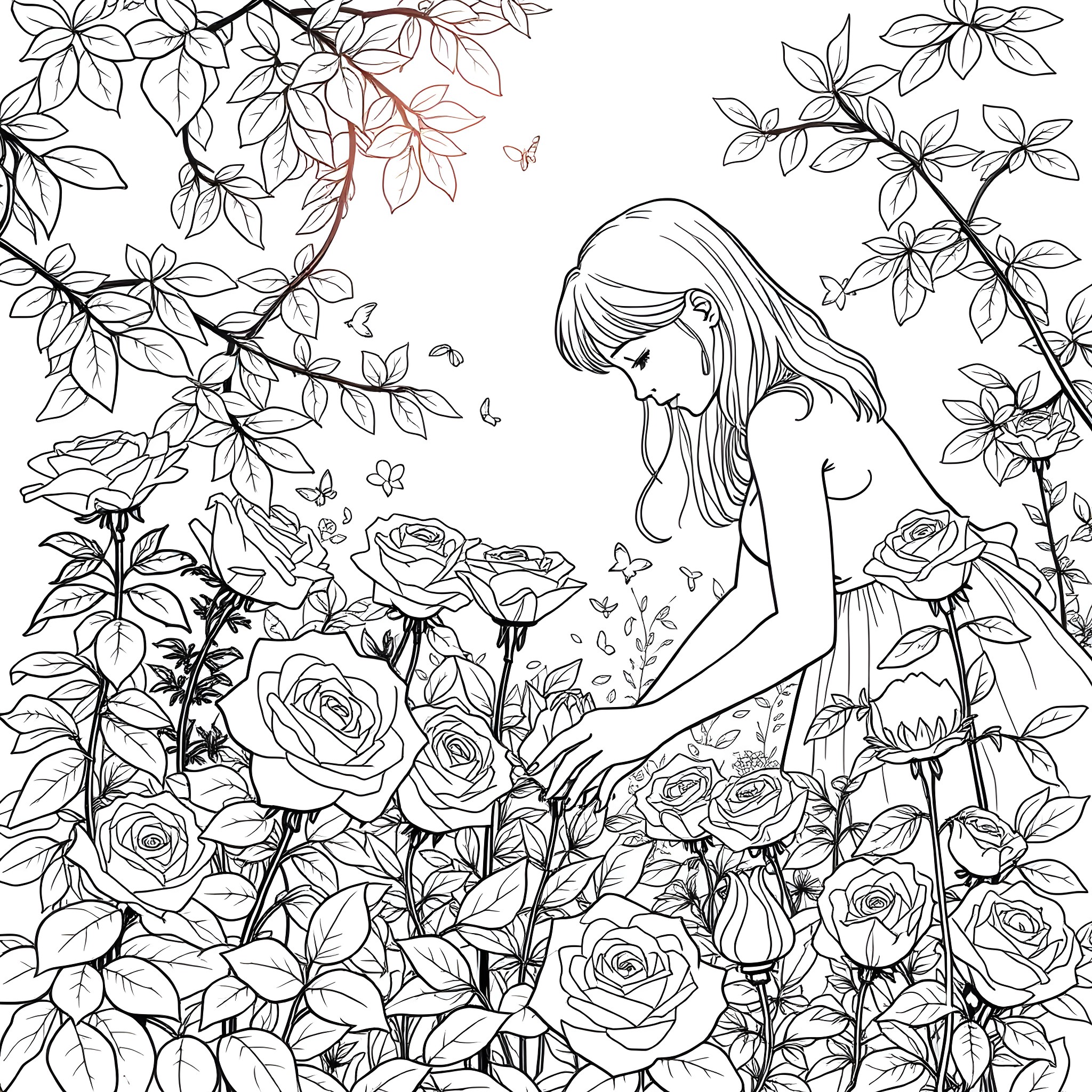 Rose Maiden Surrounded by Blooming Flowers Coloring Page (free black-and-white line drawing printable PDF for all, from beginners to advanced learners, including children, teens, adults, and seniors)