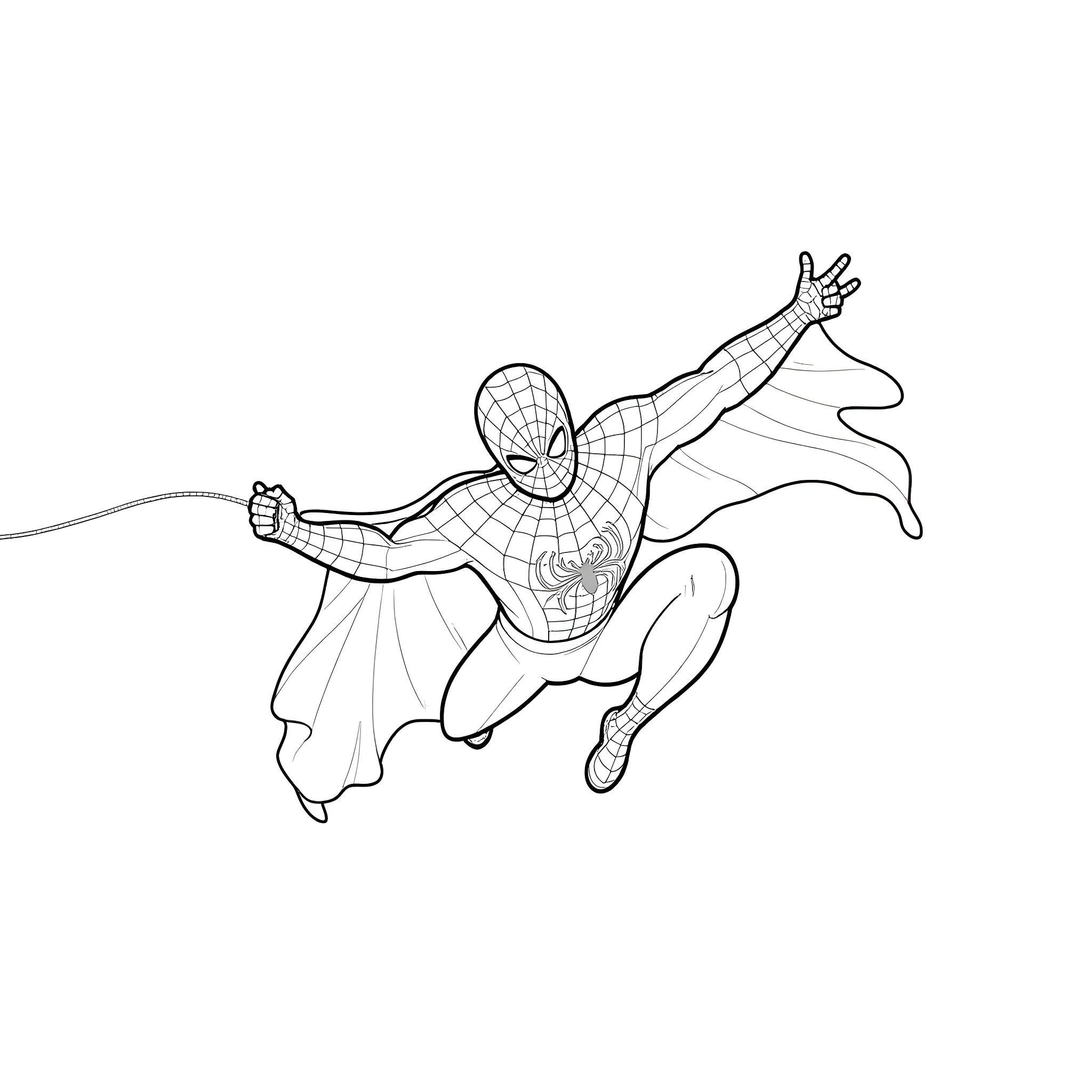 Spiderman swinging and soaring through the air Coloring Page (free black-and-white line drawing printable PDF for all, from beginners to advanced learners, including children, teens, adults, and seniors)