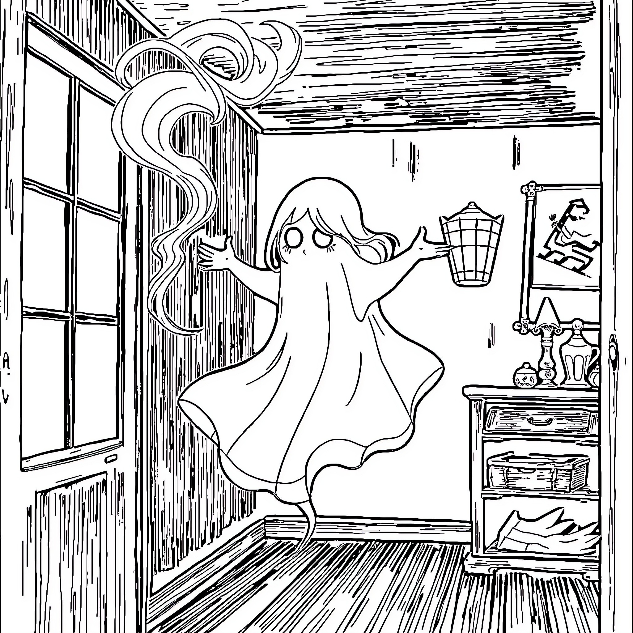 Ghost Girl Exploring a Spooky Attic Room Coloring Page (free black-and-white line drawing printable PDF for all, from beginners to advanced learners, including children, teens, adults, and seniors)