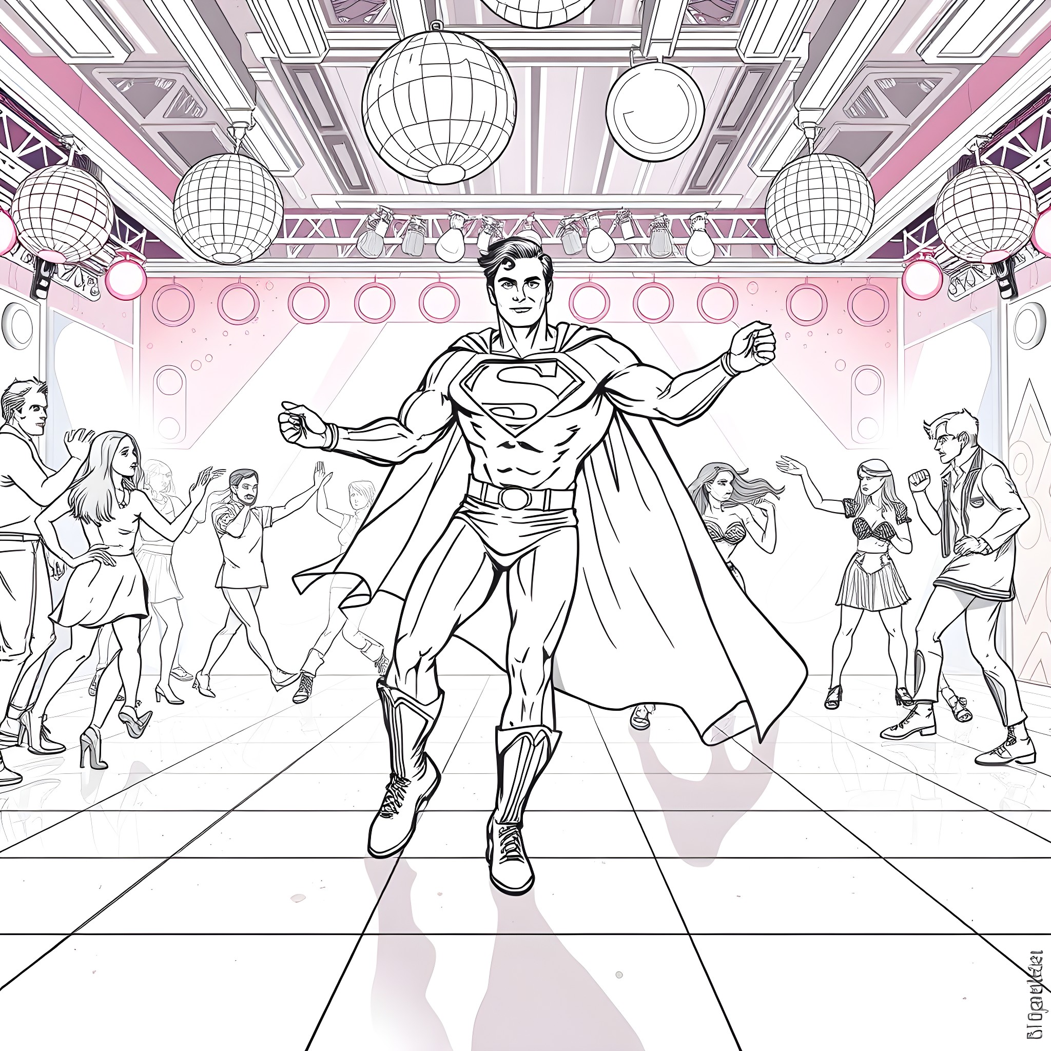 Superman saving the day in a vibrant disco setting Coloring Page (free black-and-white line drawing printable PDF for all, from beginners to advanced learners, including children, teens, adults, and seniors)