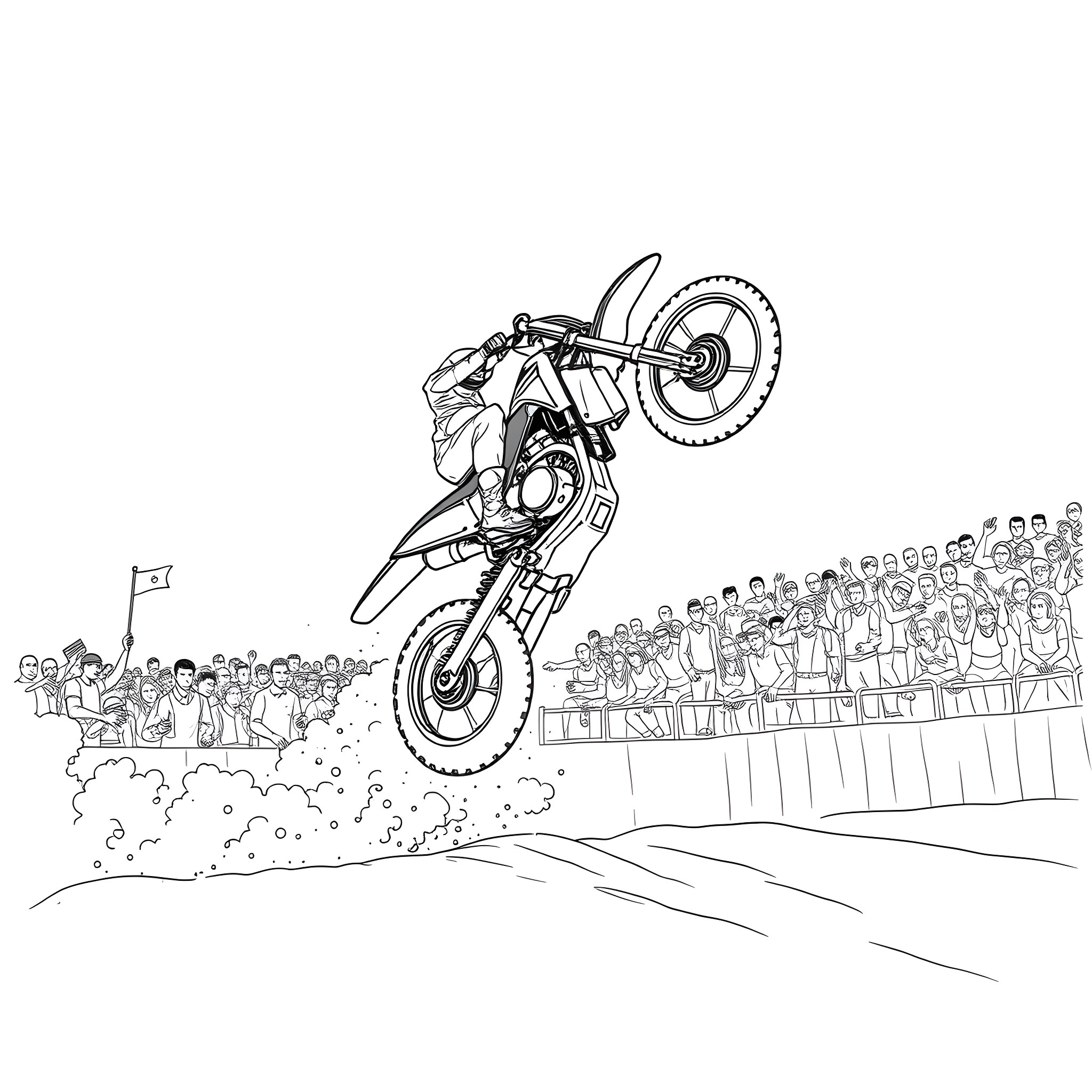 Motorbike rider performing stunts in front of crowd Coloring Page (free black-and-white line drawing printable PDF for all, from beginners to advanced learners, including children, teens, adults, and seniors)