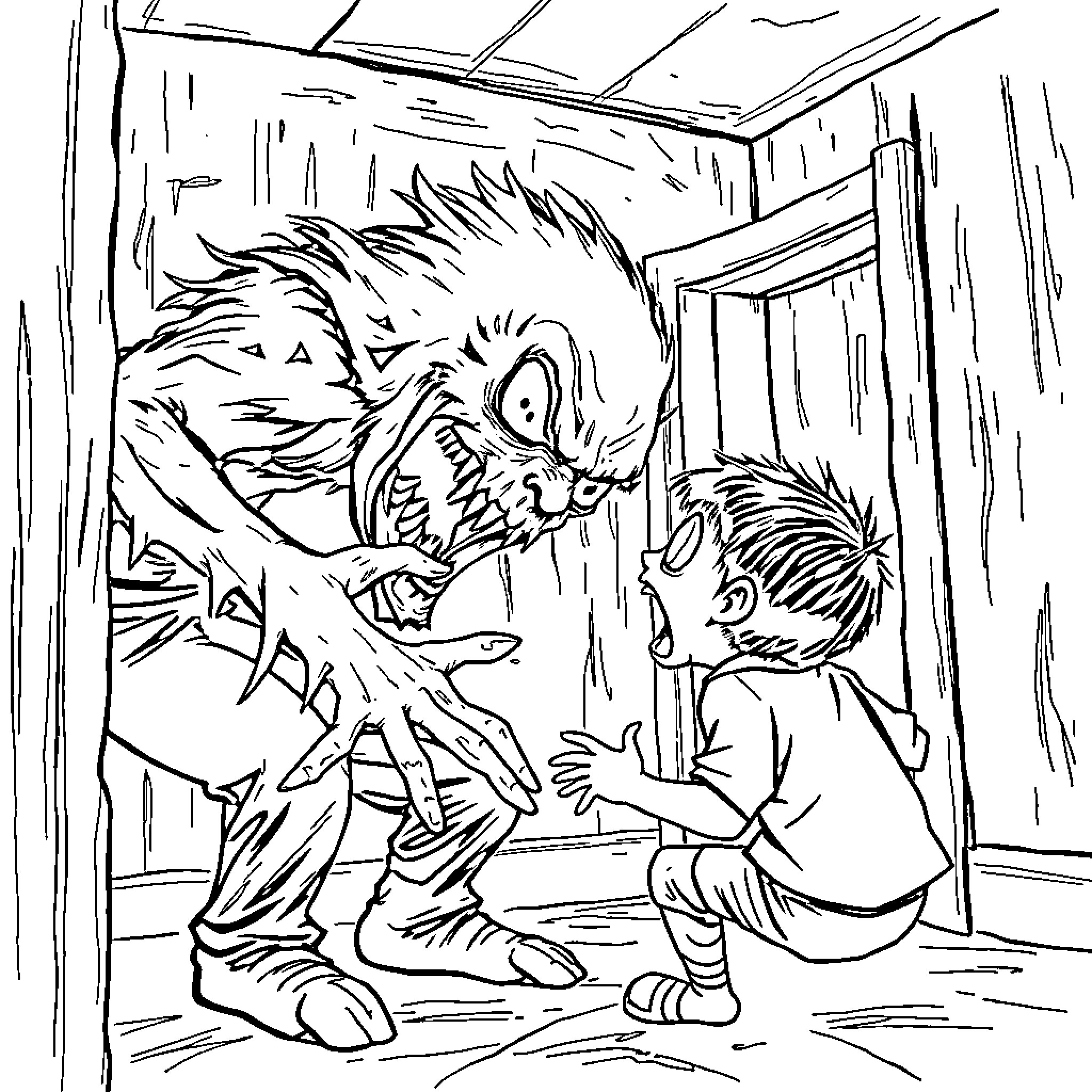 Horror Character growling menacingly at cowering child Coloring Page (free black-and-white line drawing printable PDF for all, from beginners to advanced learners, including children, teens, adults, and seniors)