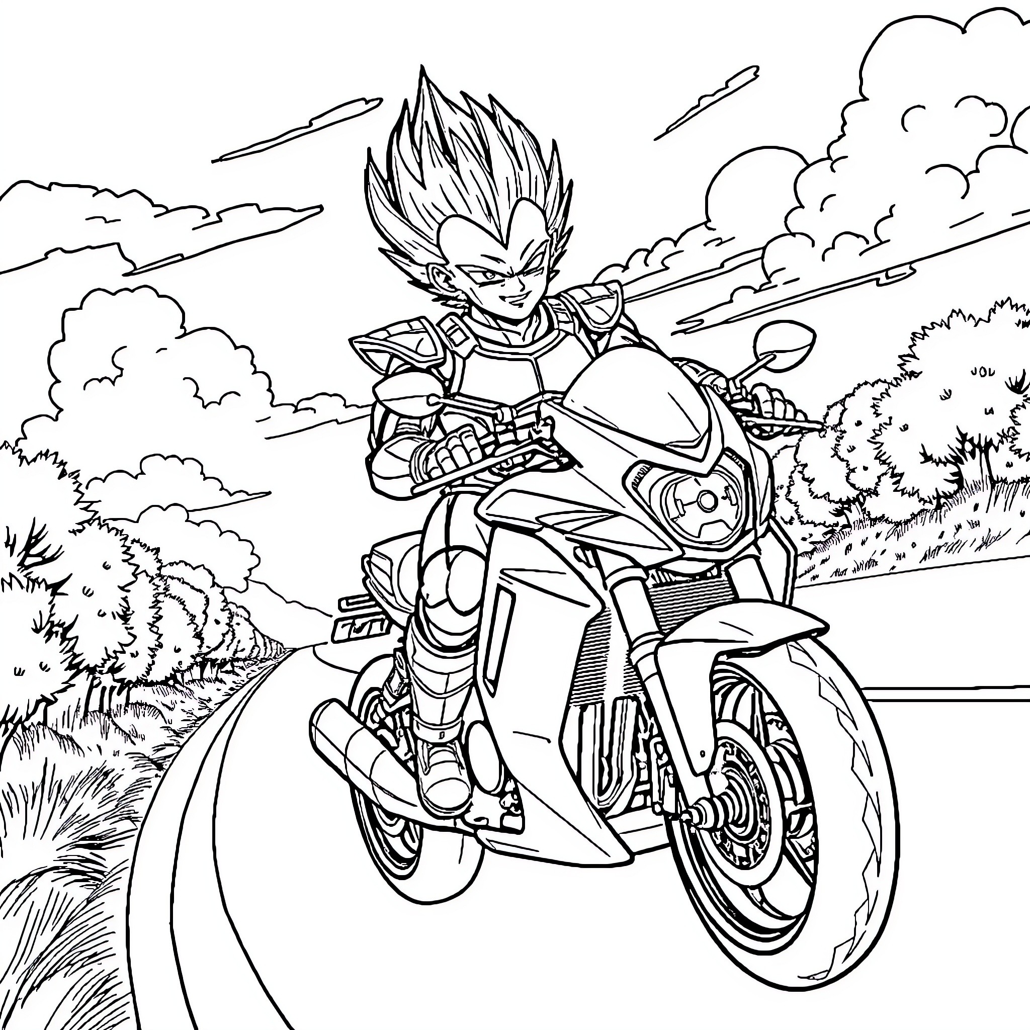 Vegeta riding a futuristic motorcycle in the countryside Coloring Page (free black-and-white line drawing printable PDF for all, from beginners to advanced learners, including children, teens, adults, and seniors)