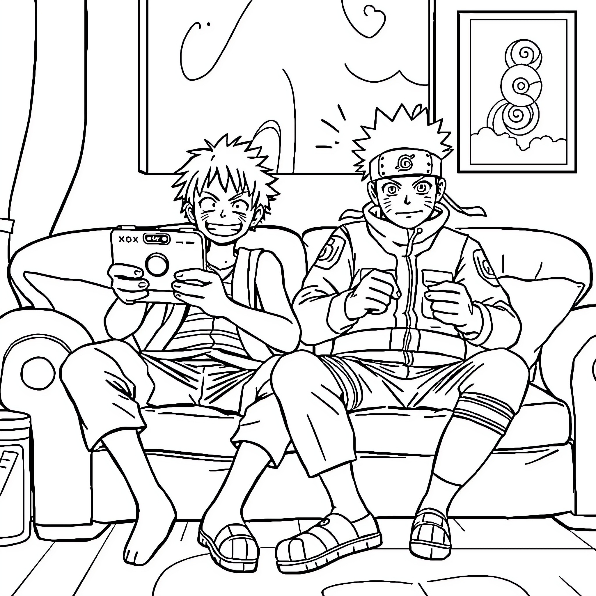 Luffy and Naruto gaming together on the couch Coloring Page (free black-and-white line drawing printable PDF for all, from beginners to advanced learners, including children, teens, adults, and seniors)