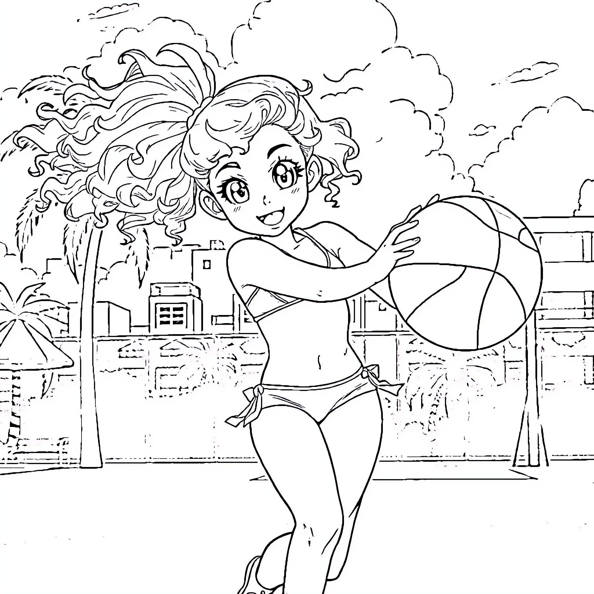 Girl playing with beach ball in the city Coloring Page (free black-and-white line drawing printable PDF for all, from beginners to advanced learners, including children, teens, adults, and seniors)