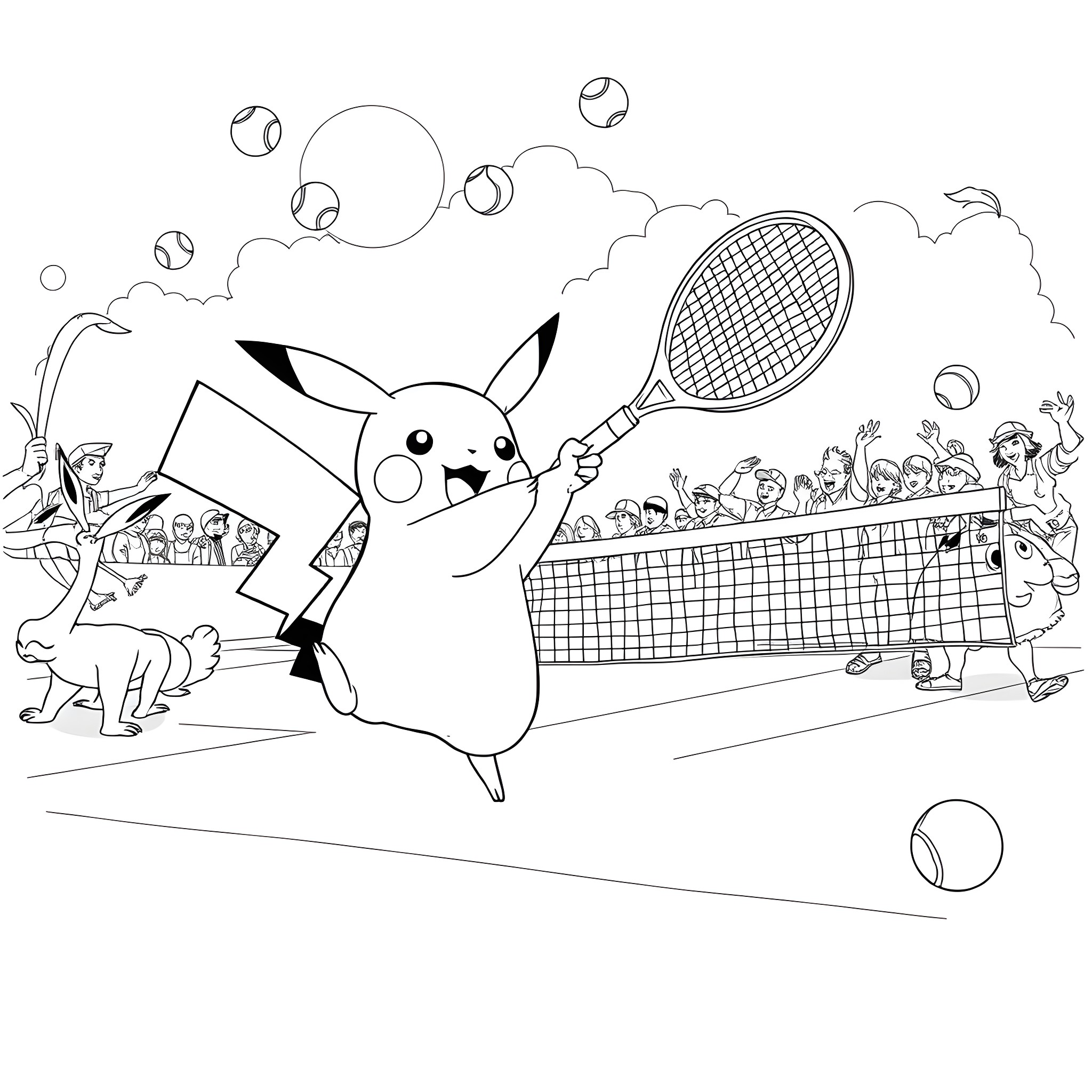 Pikachu playing tennis with a crowd of fans Coloring Page (free black-and-white line drawing printable PDF for all, from beginners to advanced learners, including children, teens, adults, and seniors)