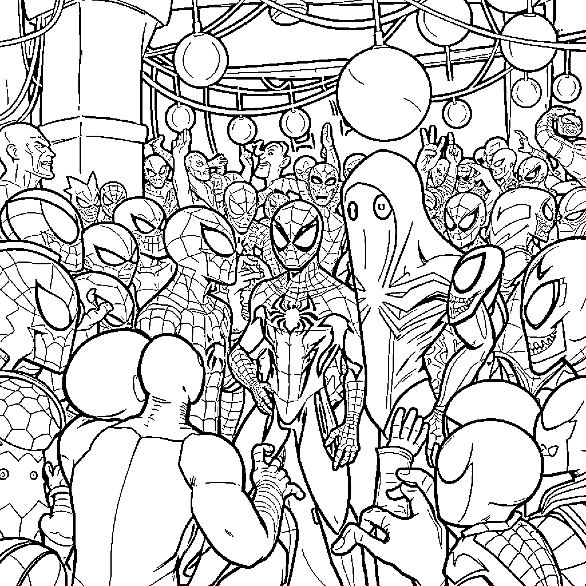 Spider-themed characters in a crowded scene Coloring Page (free black-and-white line drawing printable PDF for all, from beginners to advanced learners, including children, teens, adults, and seniors)