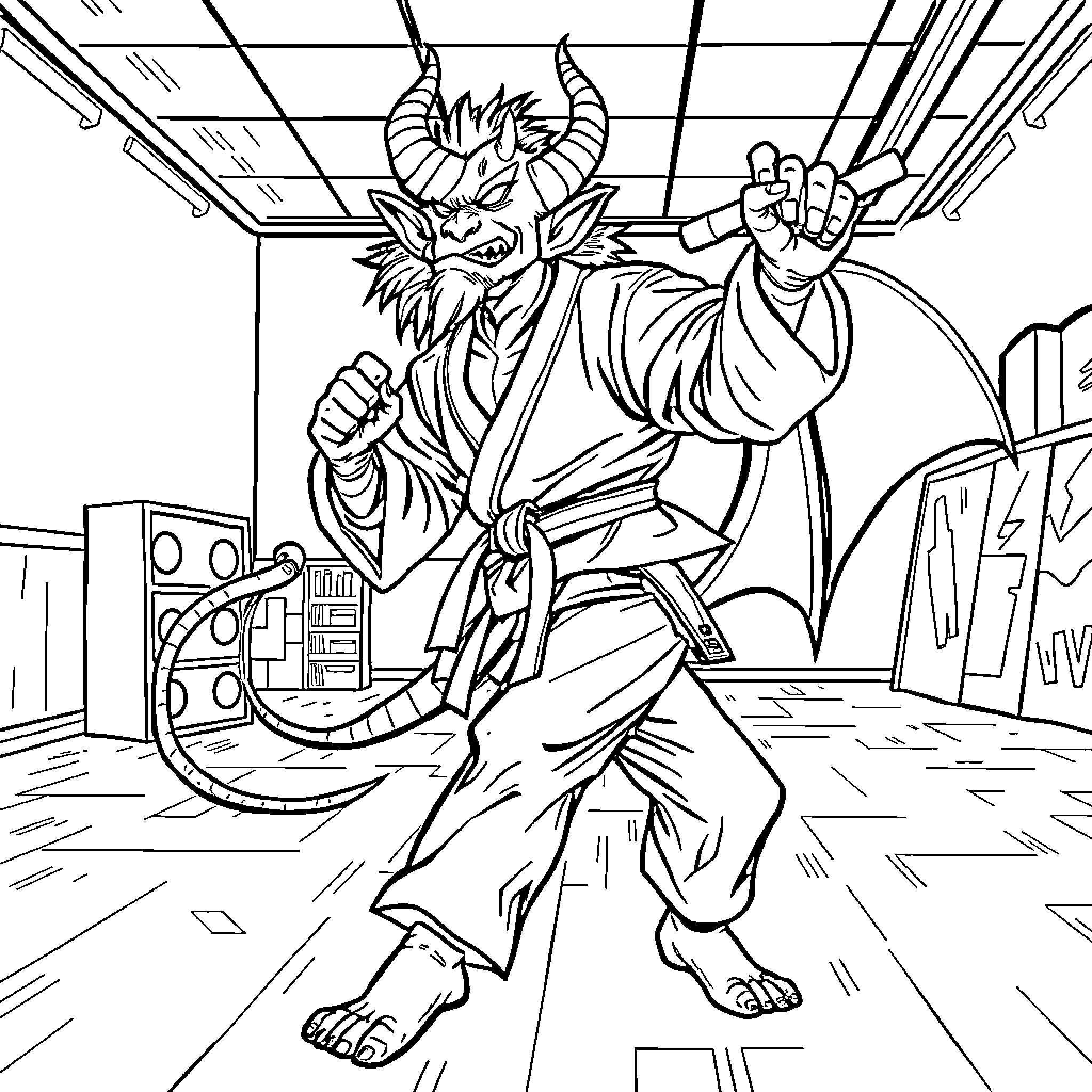 Demon Warrior Unleashing Fierce Power in a Chaotic Scene Coloring Page (free black-and-white line drawing printable PDF for all, from beginners to advanced learners, including children, teens, adults, and seniors)