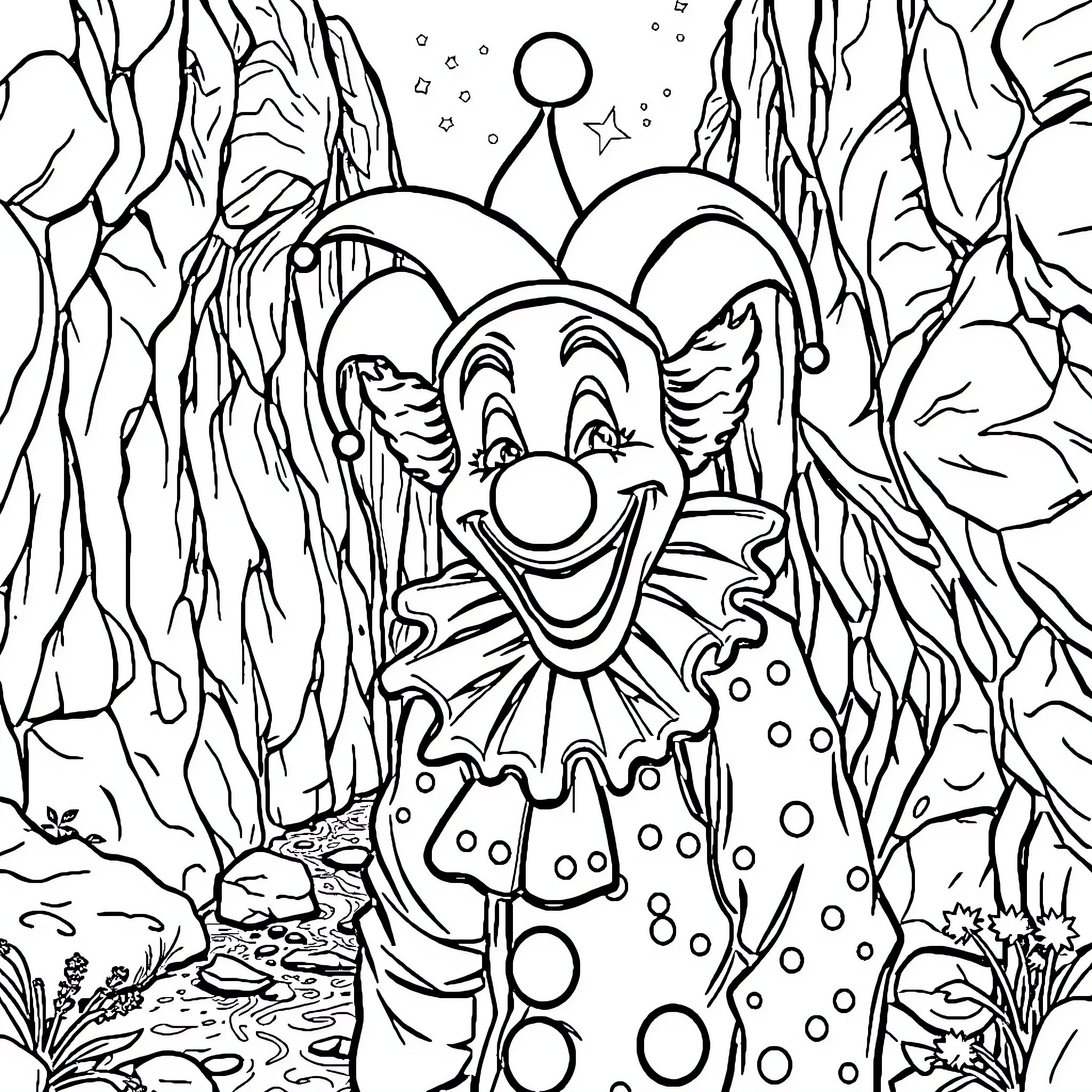 Clown performing in a whimsical forest scene Coloring Page (free black-and-white line drawing printable PDF for all, from beginners to advanced learners, including children, teens, adults, and seniors)