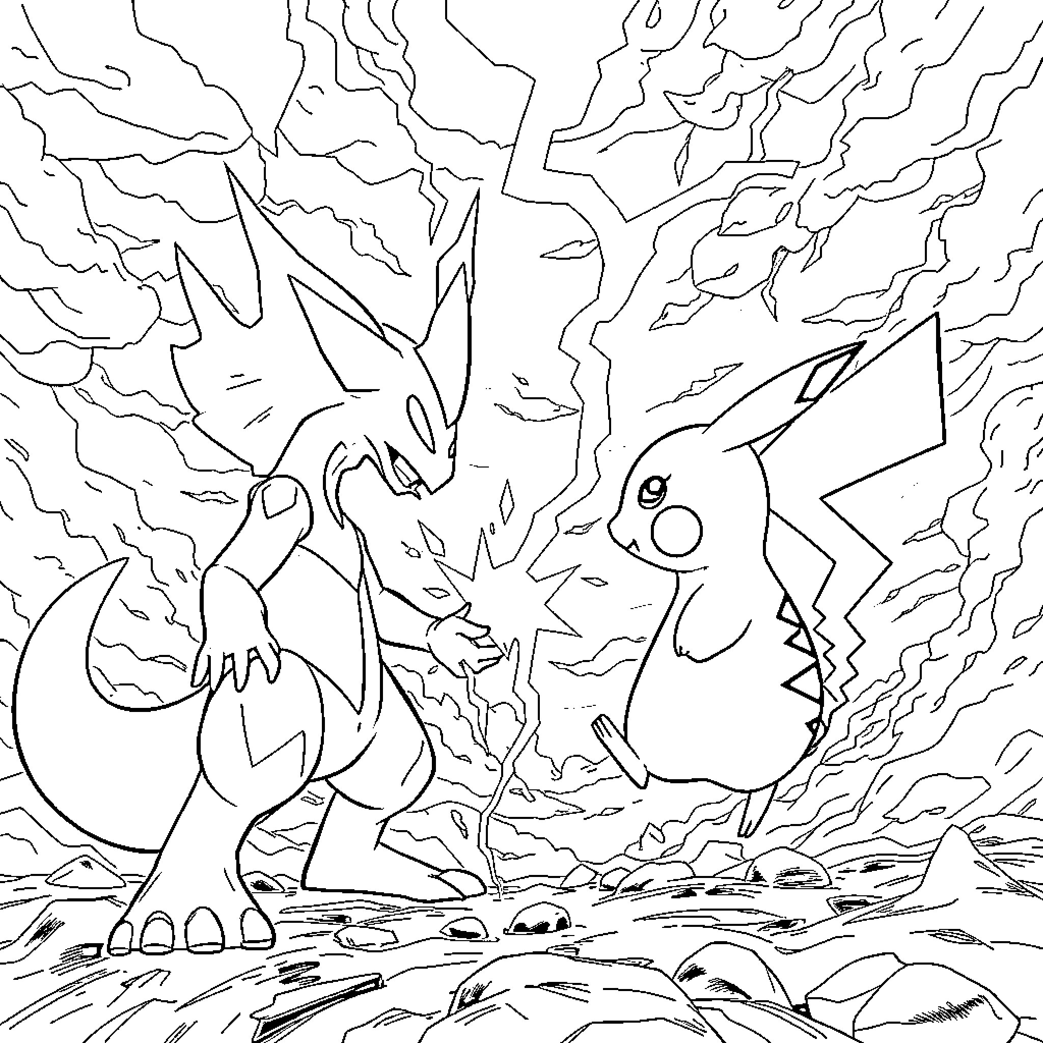 Mewtwo and Pikachu battling in a stormy landscape Coloring Page (free black-and-white line drawing printable PDF for all, from beginners to advanced learners, including children, teens, adults, and seniors)