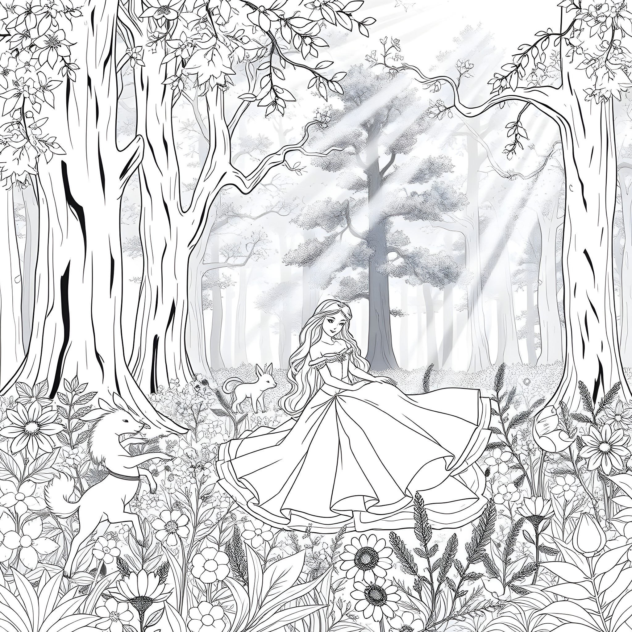 Aurora in the Enchanted Forest Coloring Page (free black-and-white line drawing printable PDF for all, from beginners to advanced learners, including children, teens, adults, and seniors)