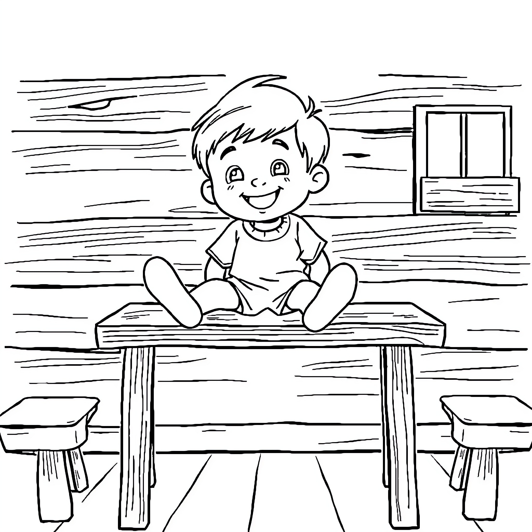 Boy sitting happily in the classroom Coloring Page (free black-and-white line drawing printable PDF for all, from beginners to advanced learners, including children, teens, adults, and seniors)